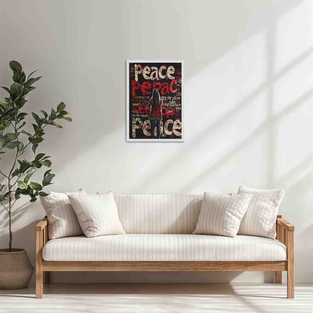 Living Room Cabinet Table Preview of Peace in Every Language – Graffiti Art Wall Frame in White Color Frame