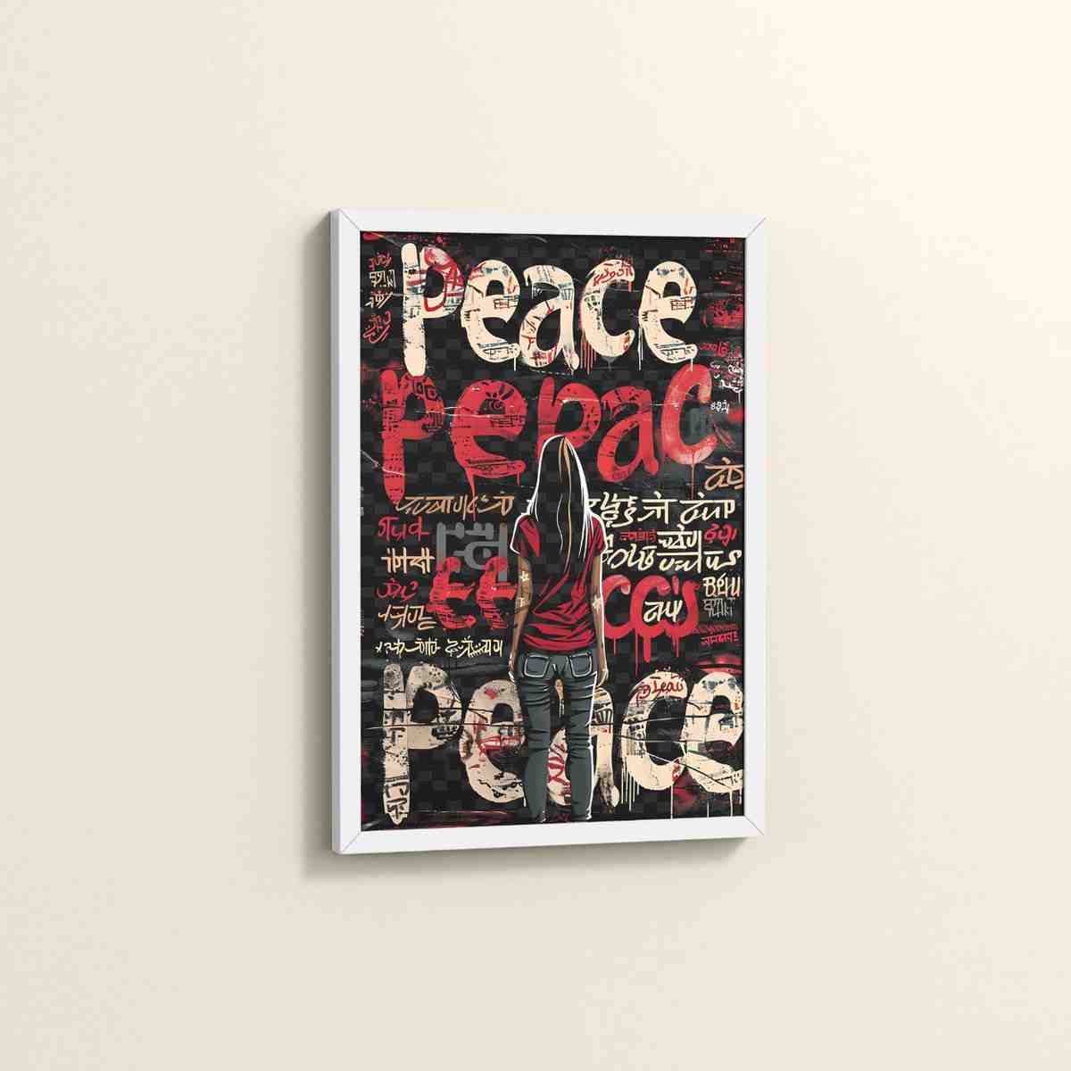 Side View of Peace in Every Language – Graffiti Art Wall Frame in White Color Frame