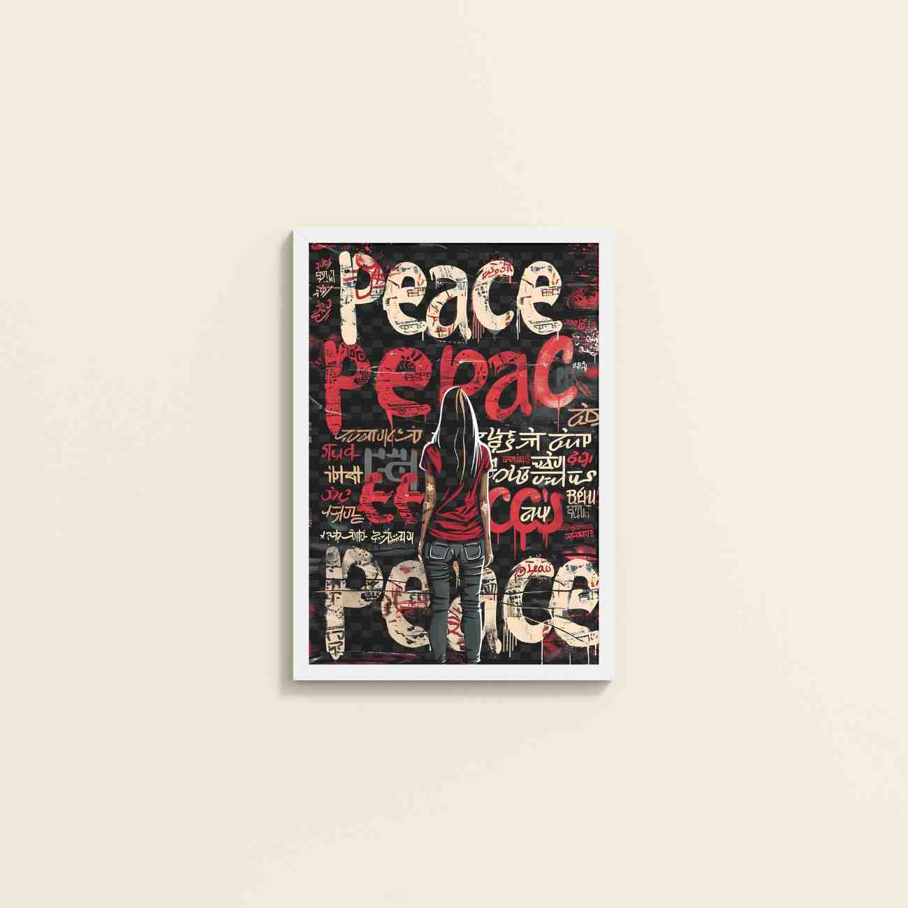 Wall View of Peace in Every Language – Graffiti Art Wall Frame in White Color Frame