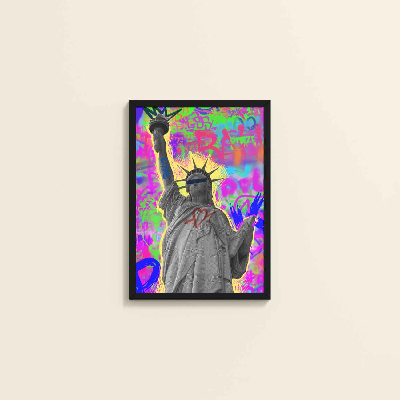 Wall View of Statue of Liberty in Graffiti Wall Art Frame in Black Color Frame