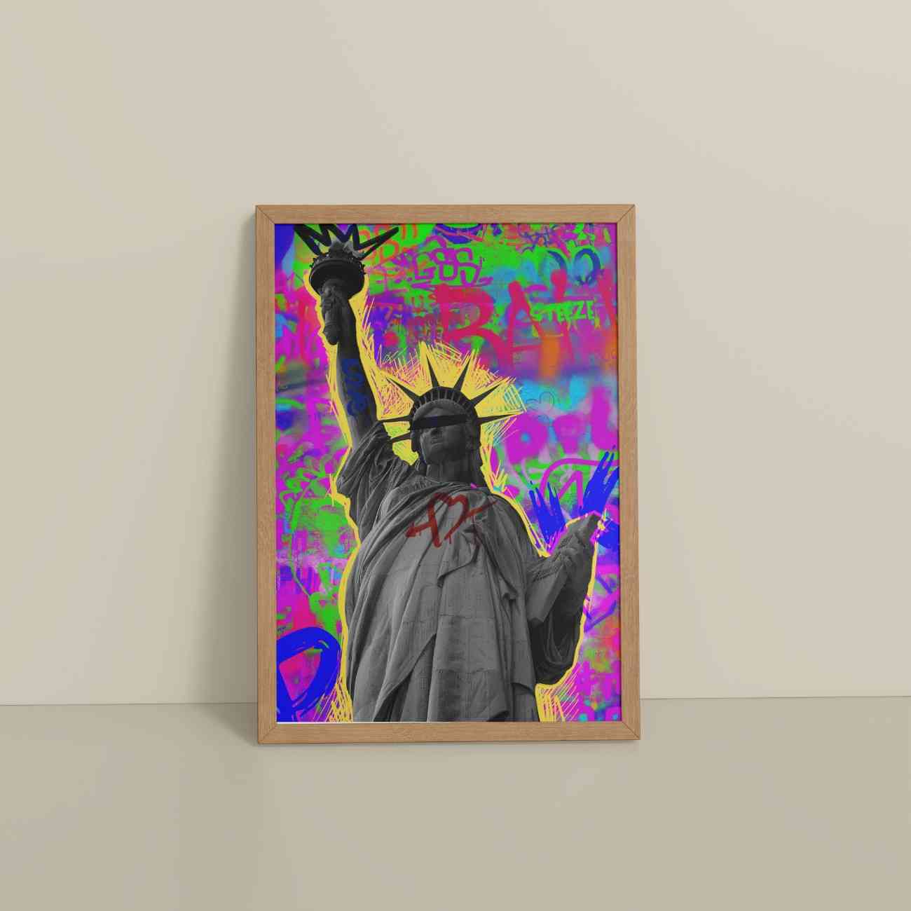 Floor View of Statue of Liberty in Graffiti Wall Art Frame in Natrual Color Frame