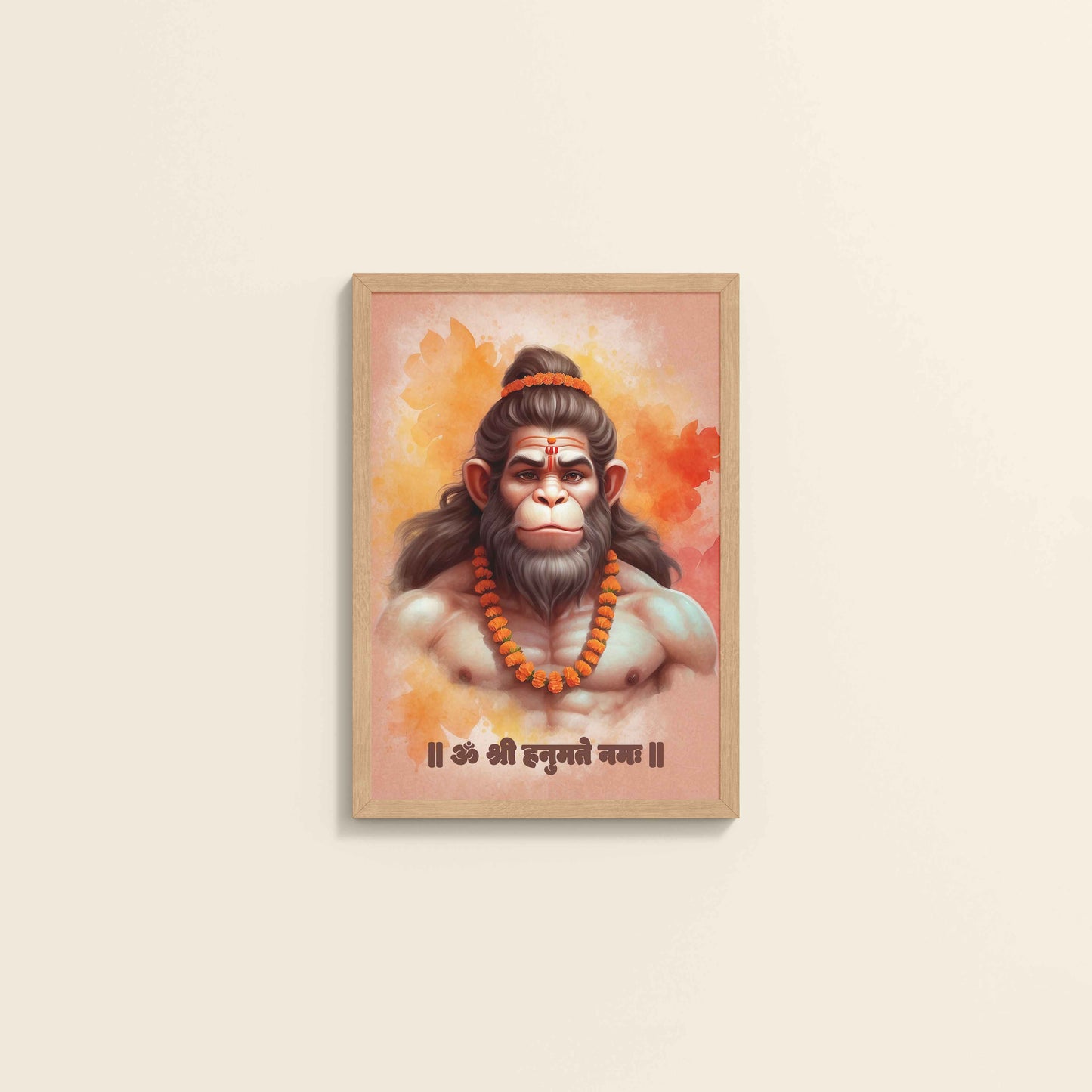 Wall View of Devotional Hanuman Wall Art– Featuring Om Shree Hanumate Namah in Natrual Color Frame