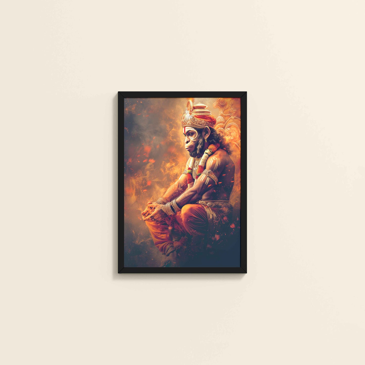 Wall View of Sacred Mahabali Hanuman Wall Frame & Artwork in Black Color Frame