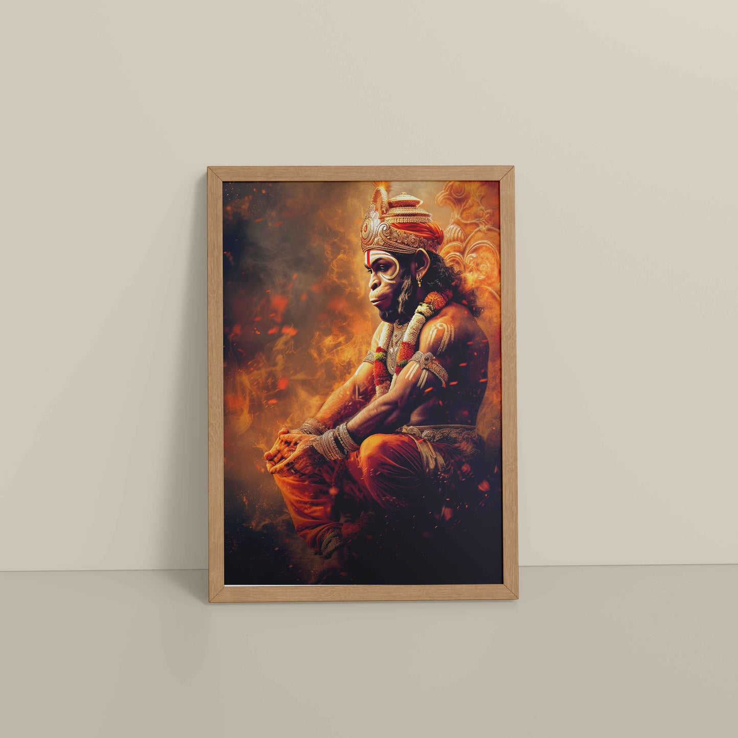 Floor View of Sacred Mahabali Hanuman Wall Frame & Artwork in Natrual Color Frame