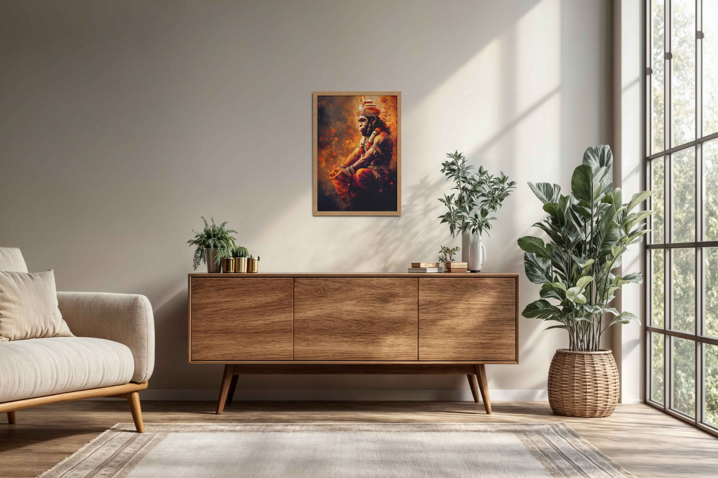 Living Room Cabinet Preview of Sacred Mahabali Hanuman Wall Frame & Artwork in Natrual Color Frame