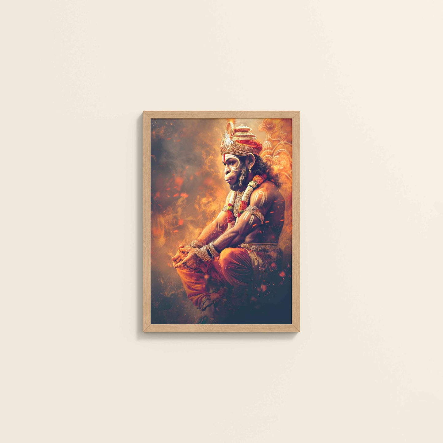 Wall View of Sacred Mahabali Hanuman Wall Frame & Artwork in Natrual Color Frame