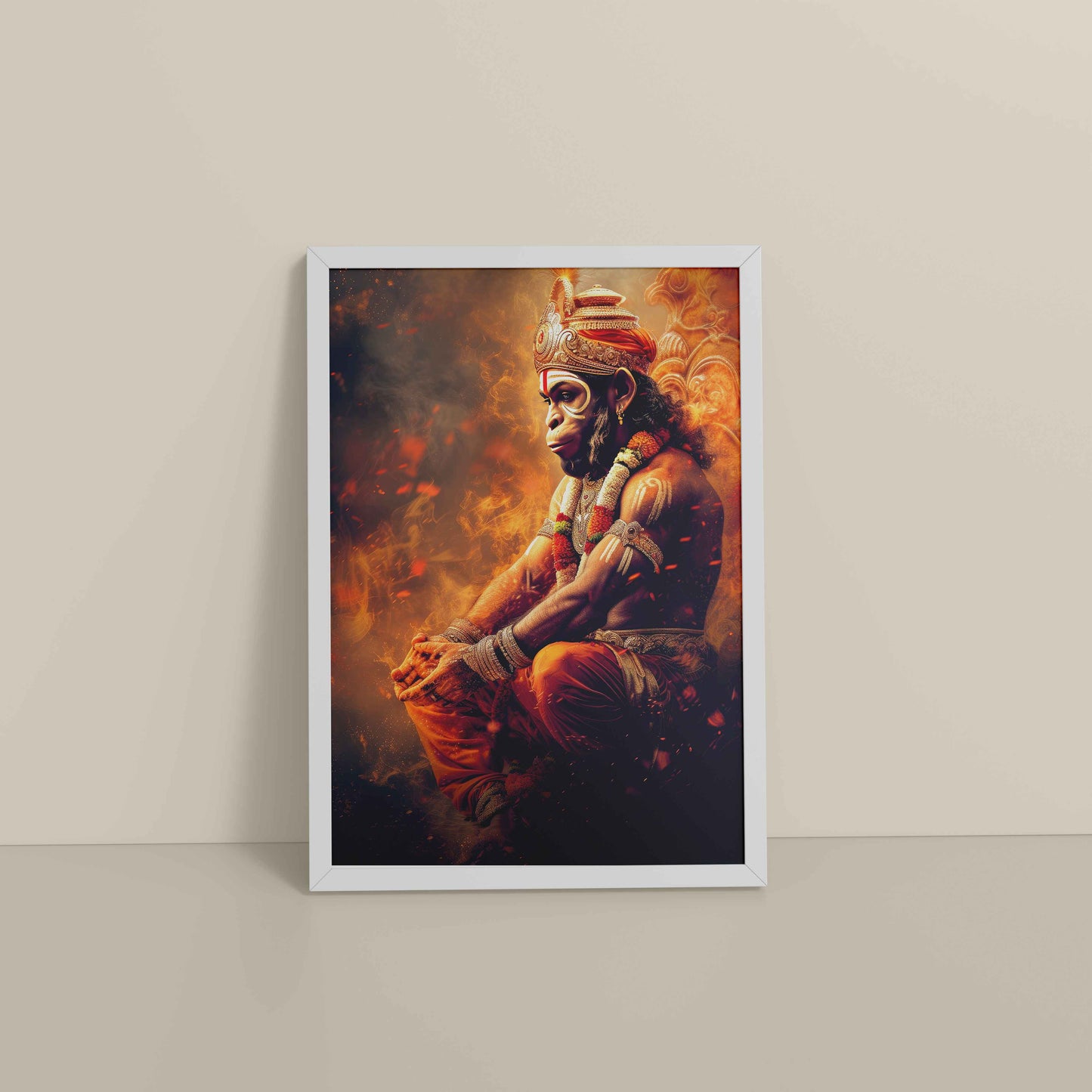 Floor View of Sacred Mahabali Hanuman Wall Frame & Artwork in White Color Frame