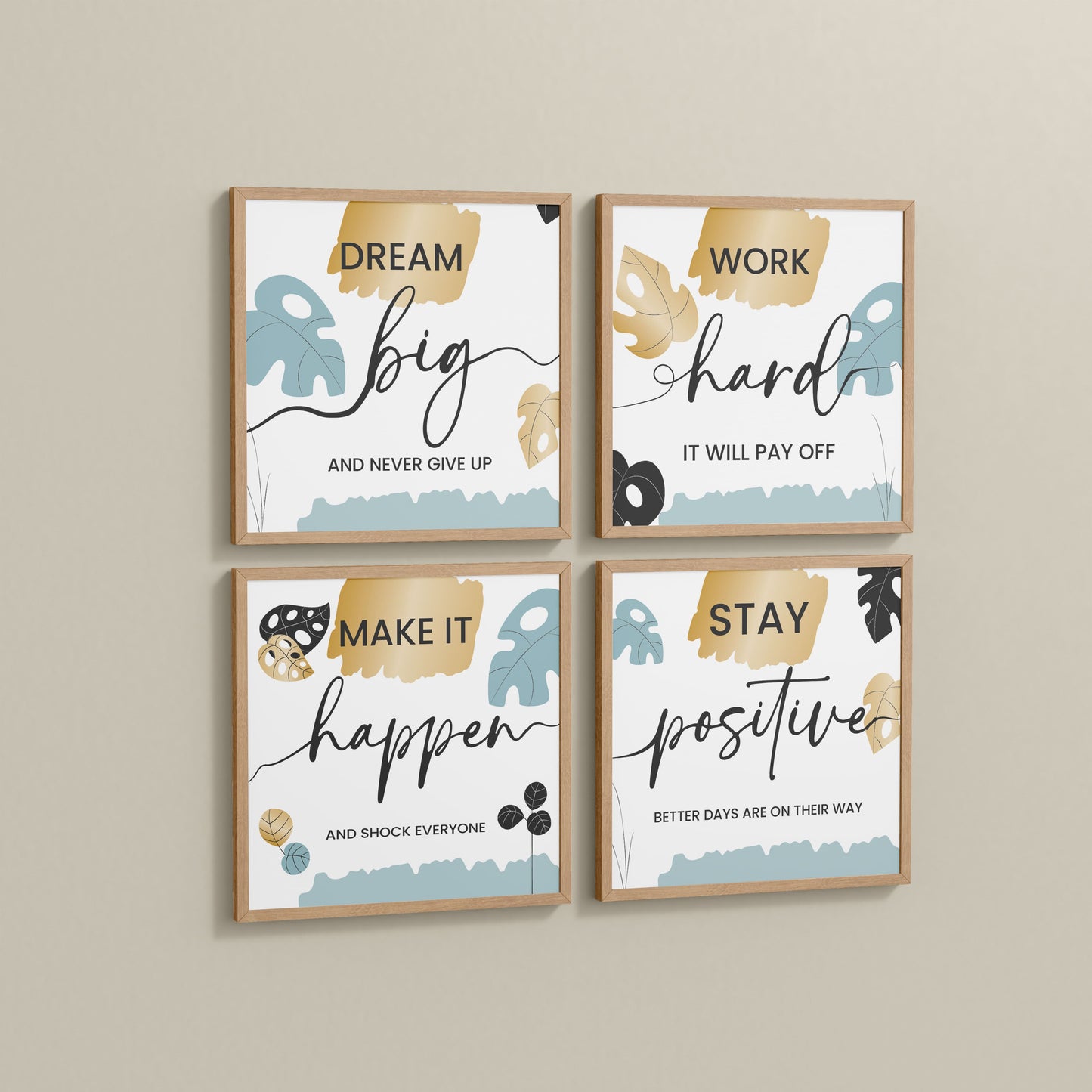 Side View of Work Hard & Stay Positive Wall Art Set of 4 Collections in Natrual Color Frame