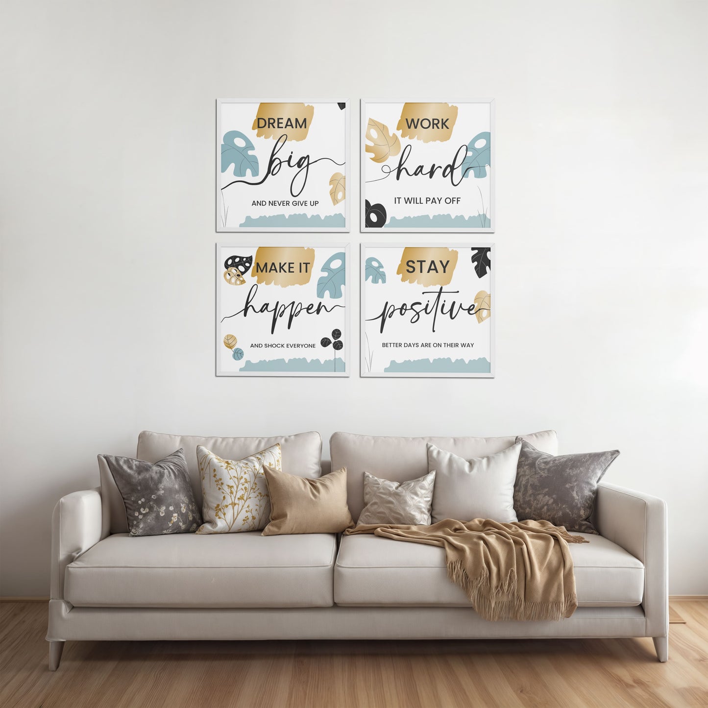 Living Room Sofa Preview of Work Hard & Stay Positive Wall Art Set of 4 Collections in White Color Frame