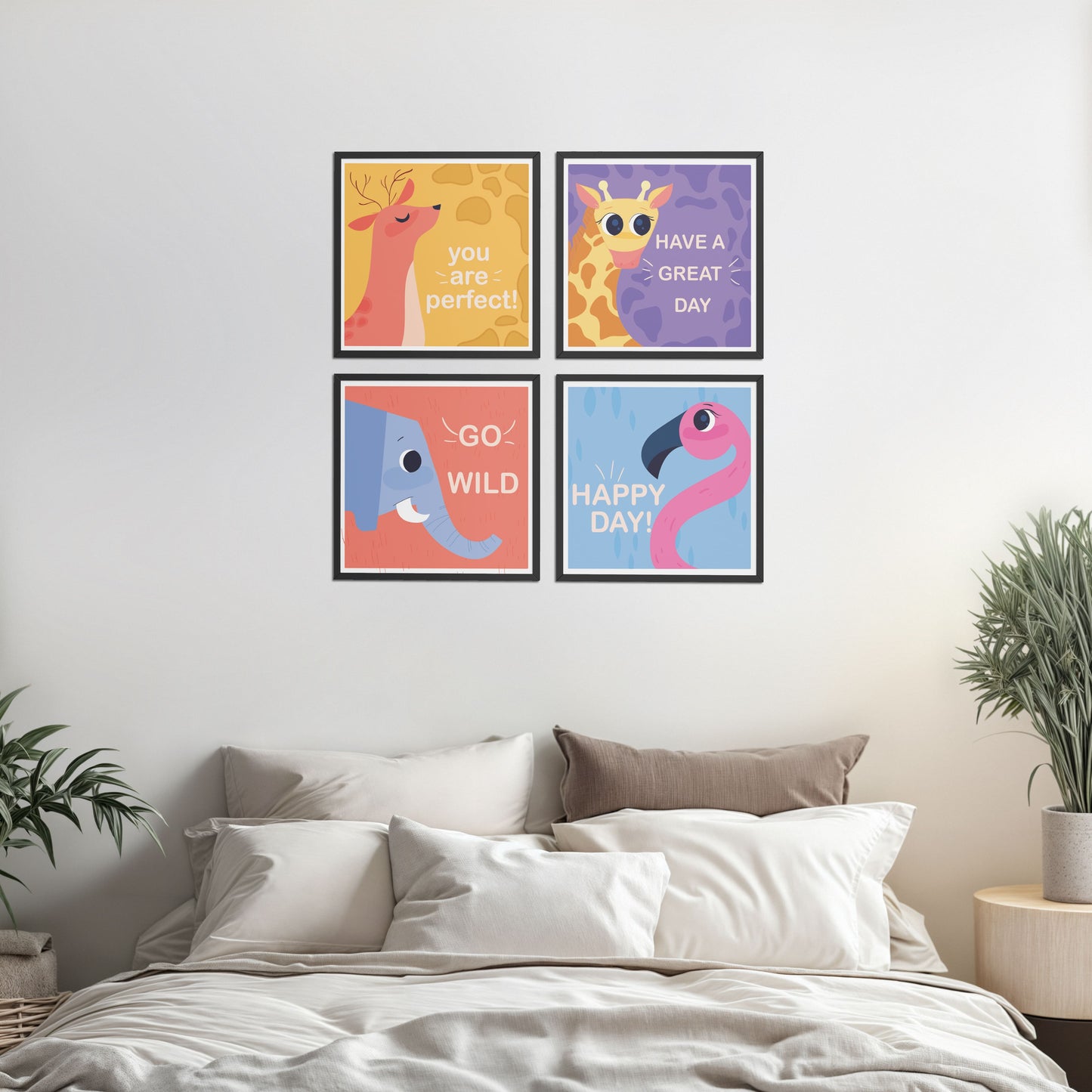 Bed Room Preview of Go Wild with Joy Motivational Set of 4 Frames in Black Color Frame