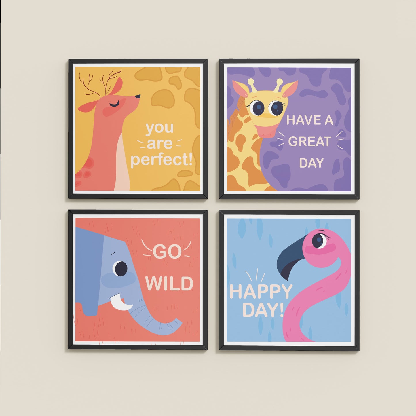 Wall View of Go Wild with Joy Motivational Set of 4 Frames in Black Color Frame