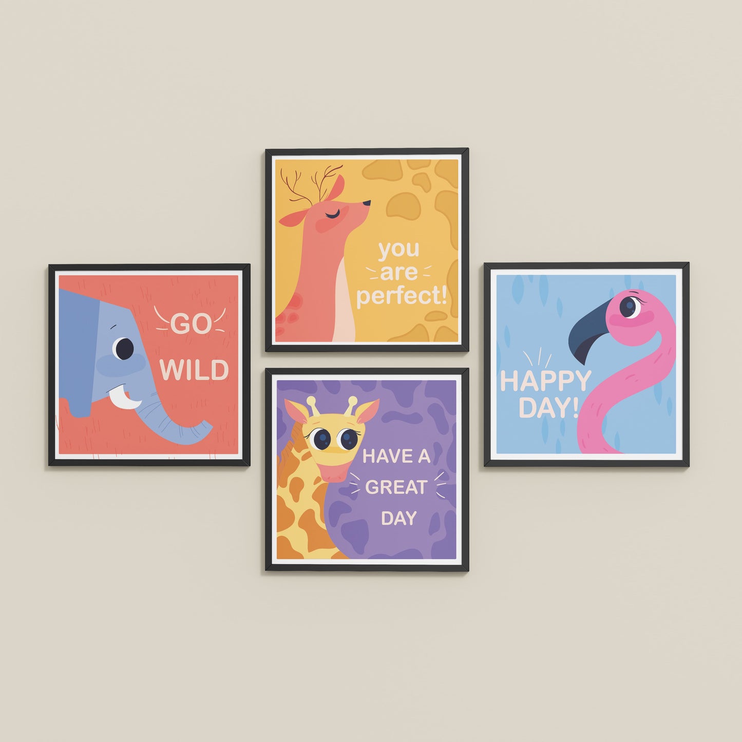 Inclined Floor View of Go Wild with Joy Motivational Set of 4 Frames in Black Color Frame