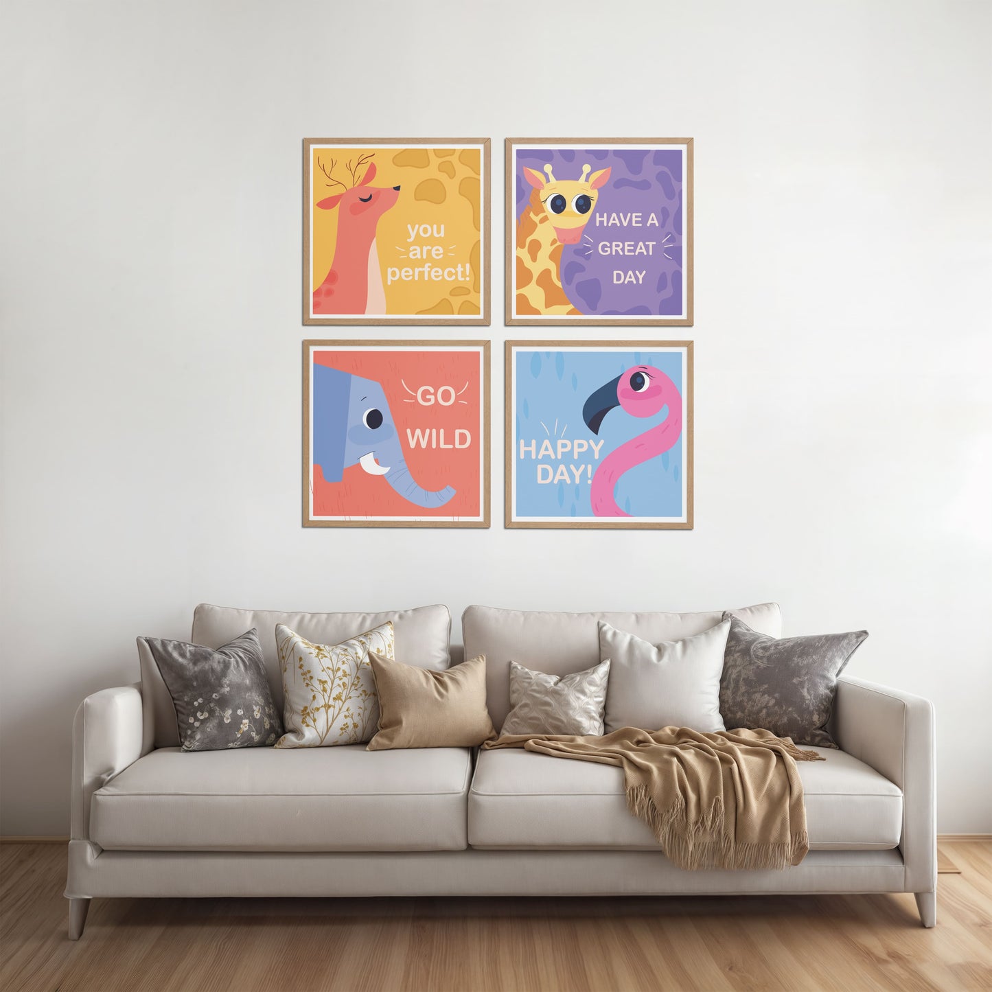 Living Room Sofa Preview of Go Wild with Joy Motivational Set of 4 Frames in Natrual Color Frame