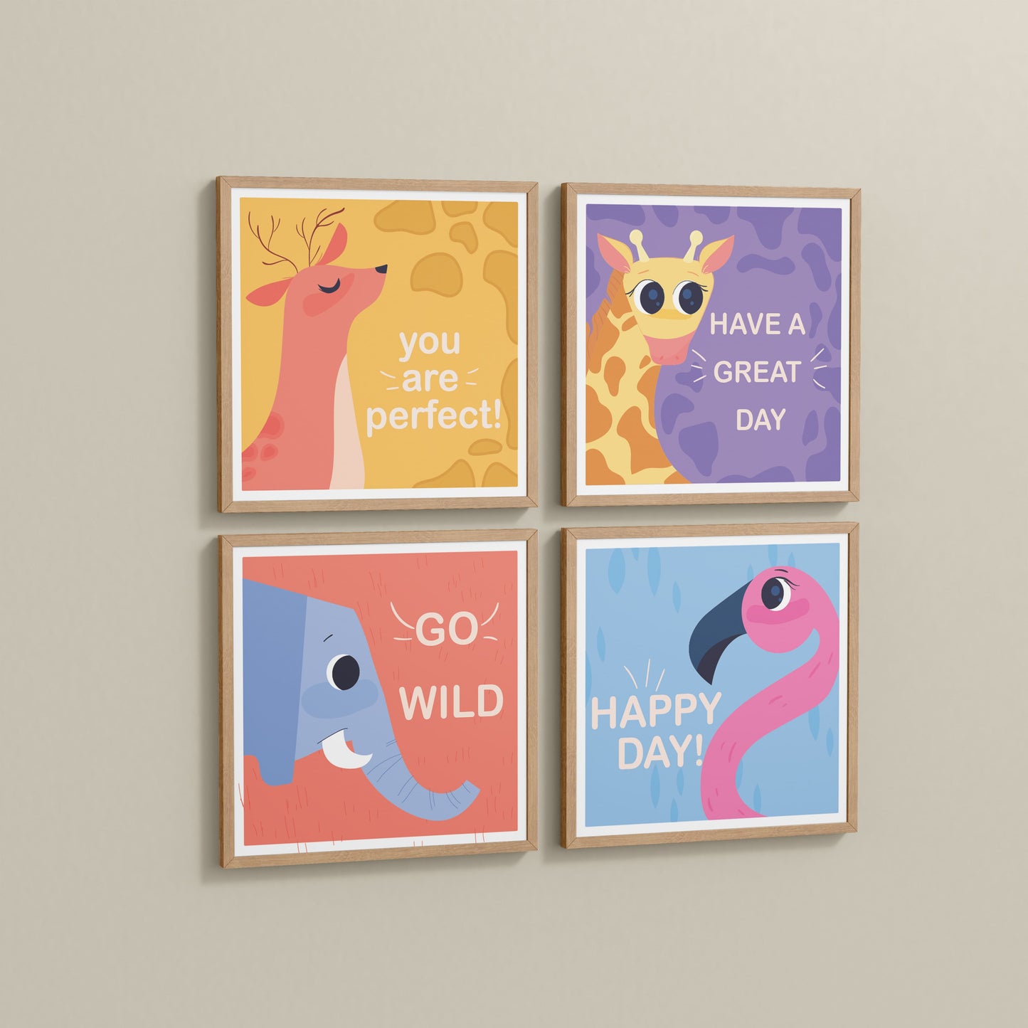 Side View of Go Wild with Joy Motivational Set of 4 Frames in Natrual Color Frame