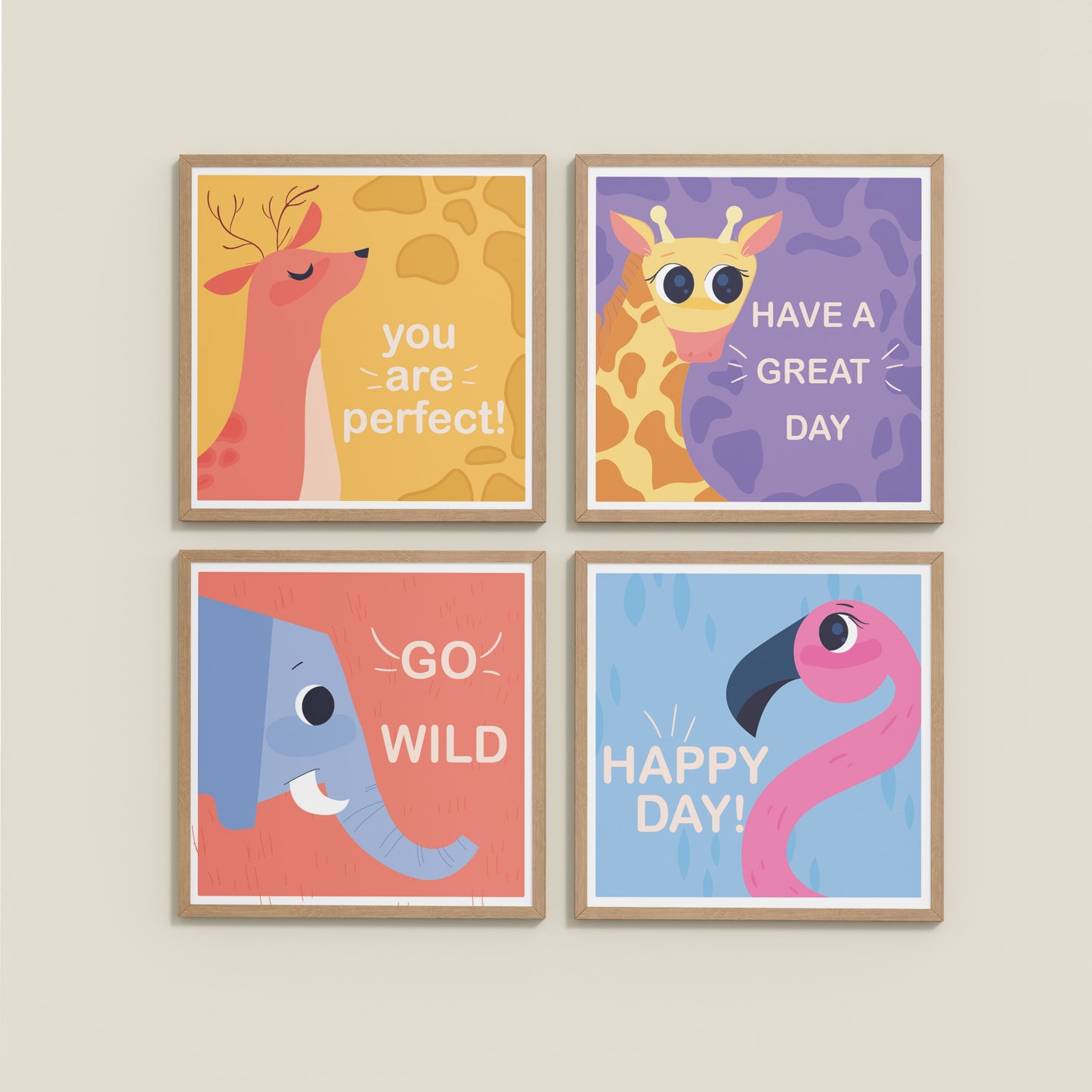 Wall View of Go Wild with Joy Motivational Set of 4 Frames in Natrual Color Frame