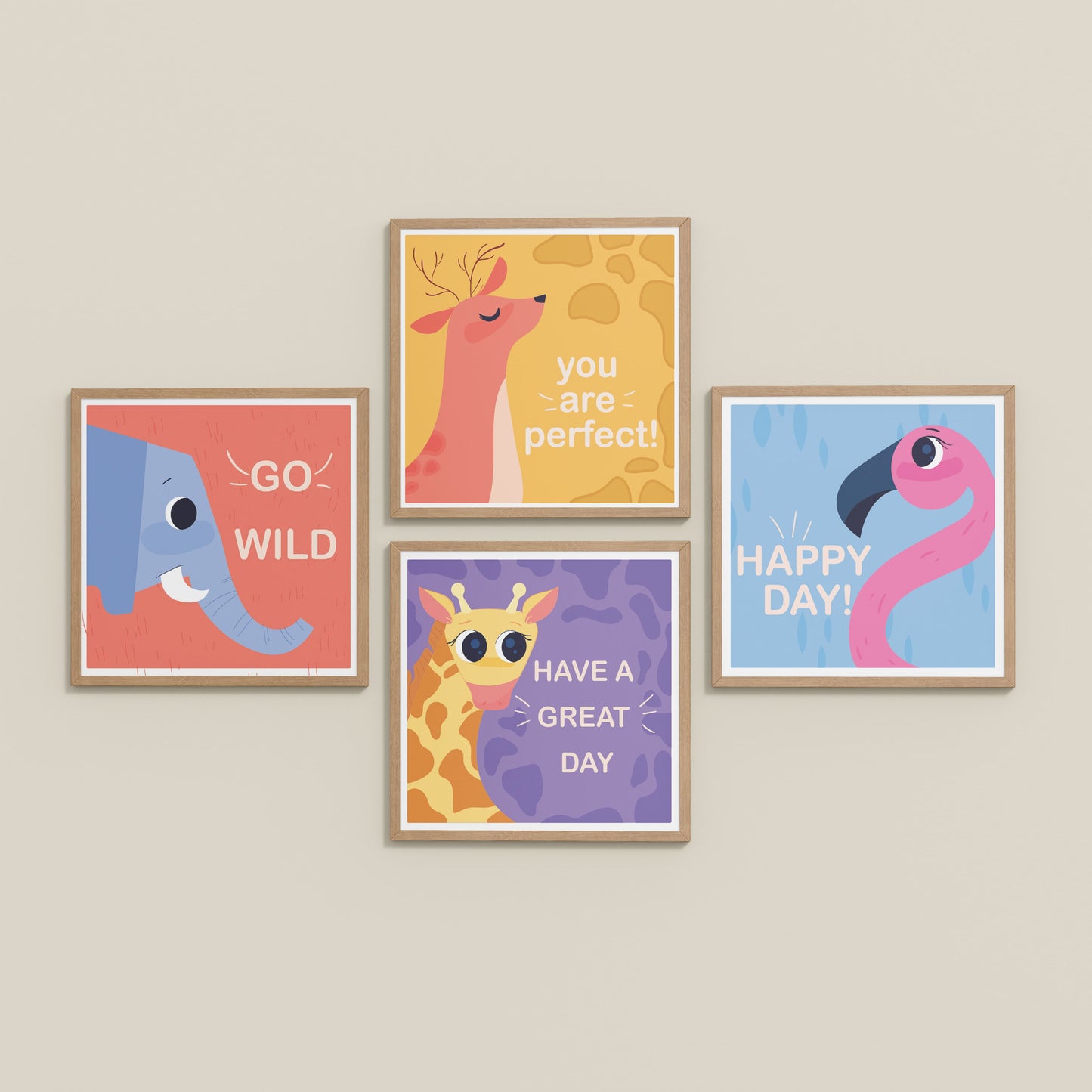 Inclined Floor View of Go Wild with Joy Motivational Set of 4 Frames in Natrual Color Frame