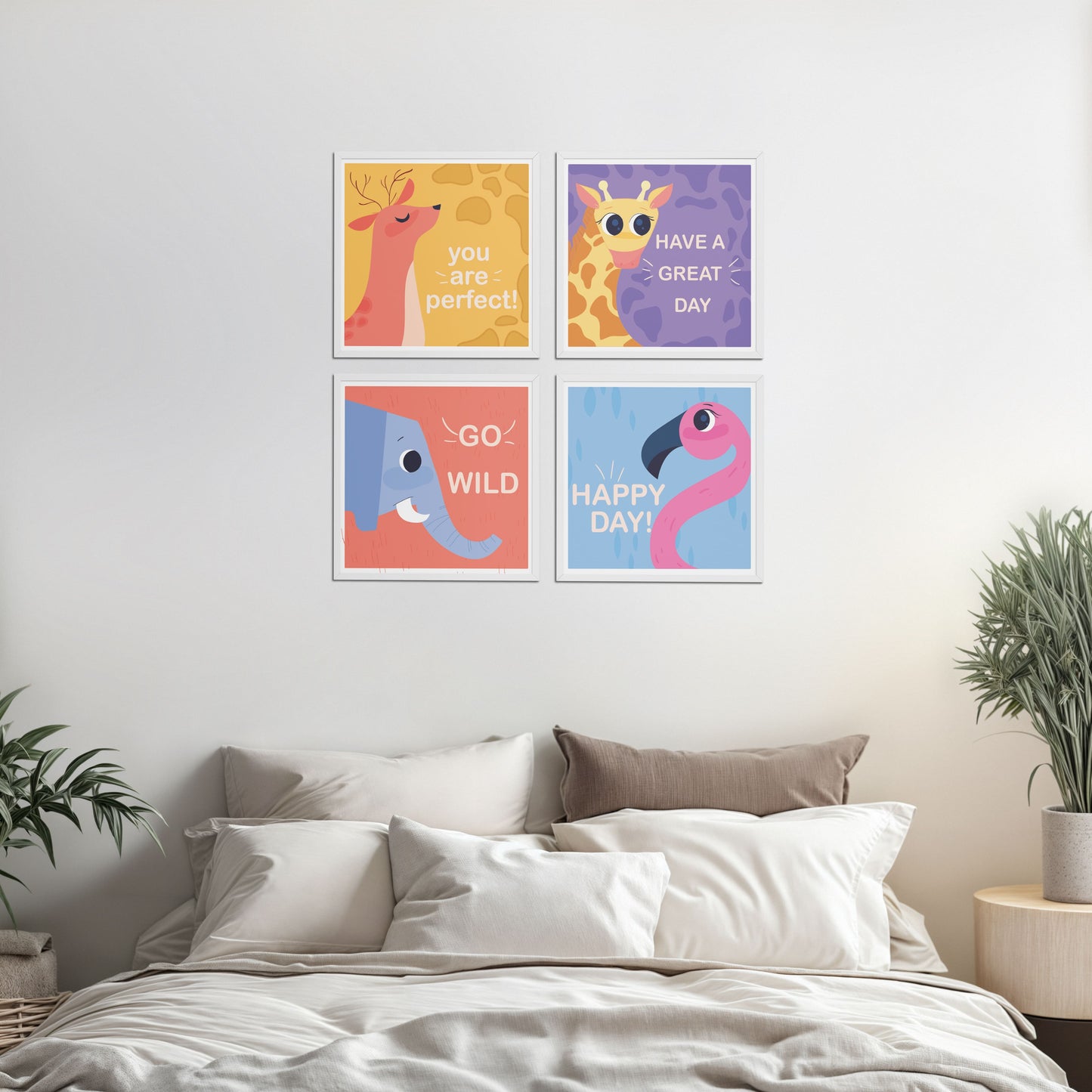 Bed Room Preview of Go Wild with Joy Motivational Set of 4 Frames in White Color Frame