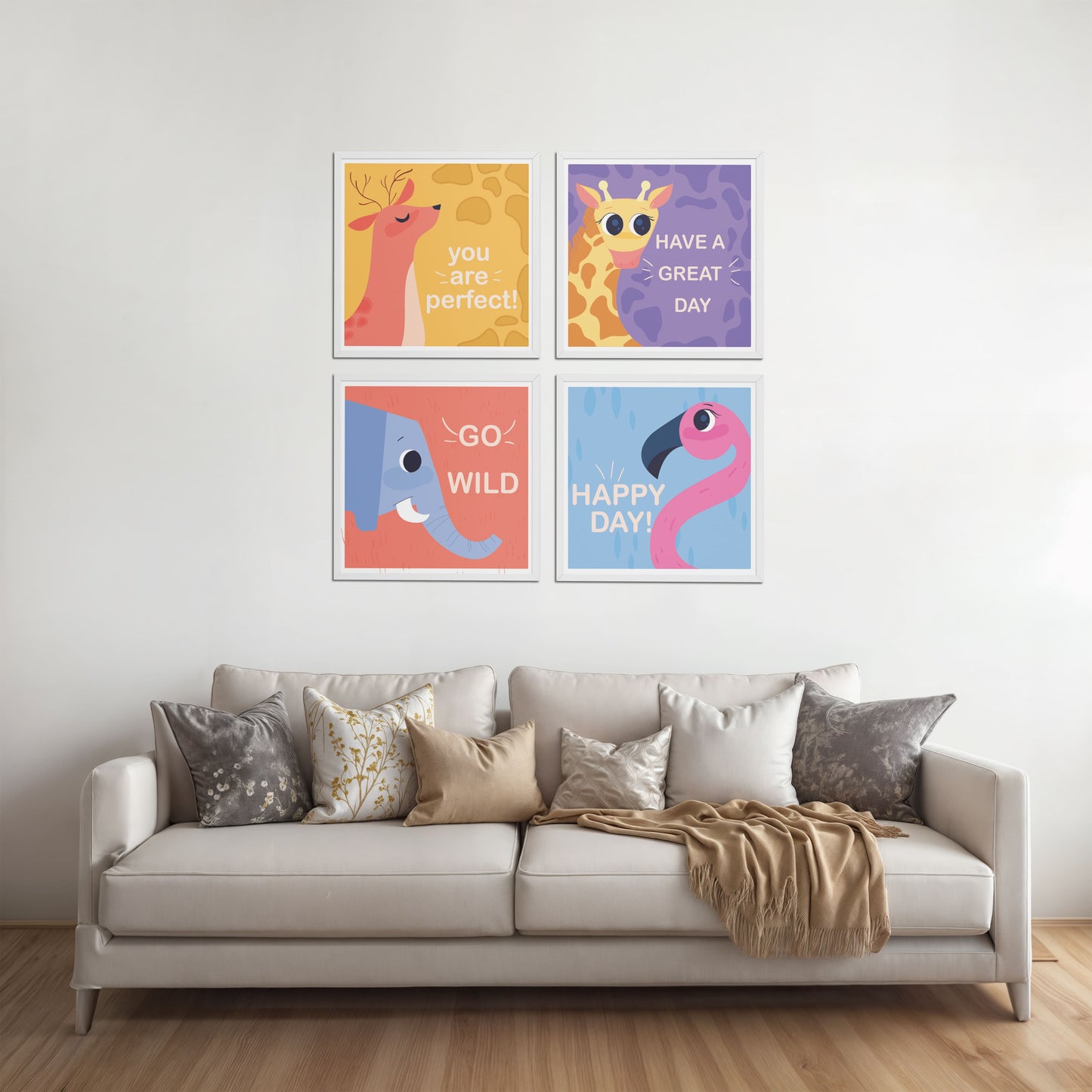 Living Room Sofa Preview of Go Wild with Joy Motivational Set of 4 Frames in White Color Frame