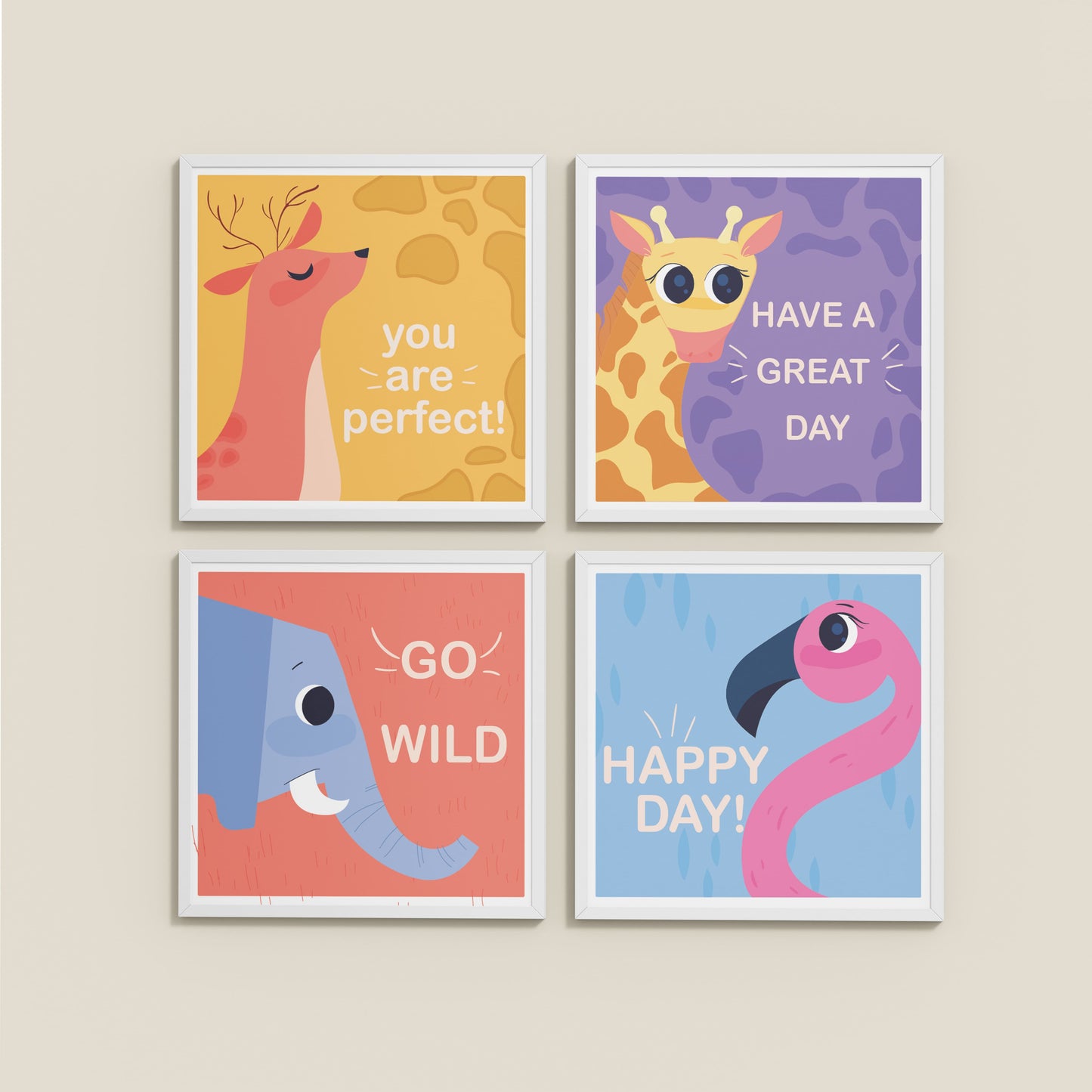 Wall View of Go Wild with Joy Motivational Set of 4 Frames in White Color Frame