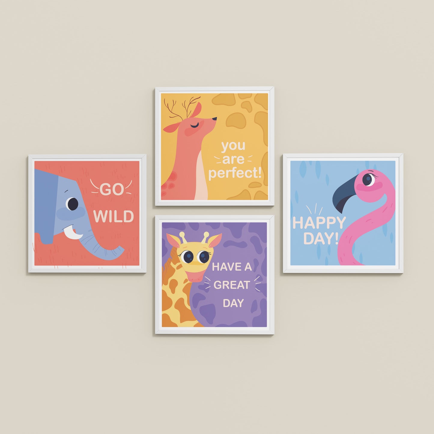 Inclined Floor View of Go Wild with Joy Motivational Set of 4 Frames in White Color Frame