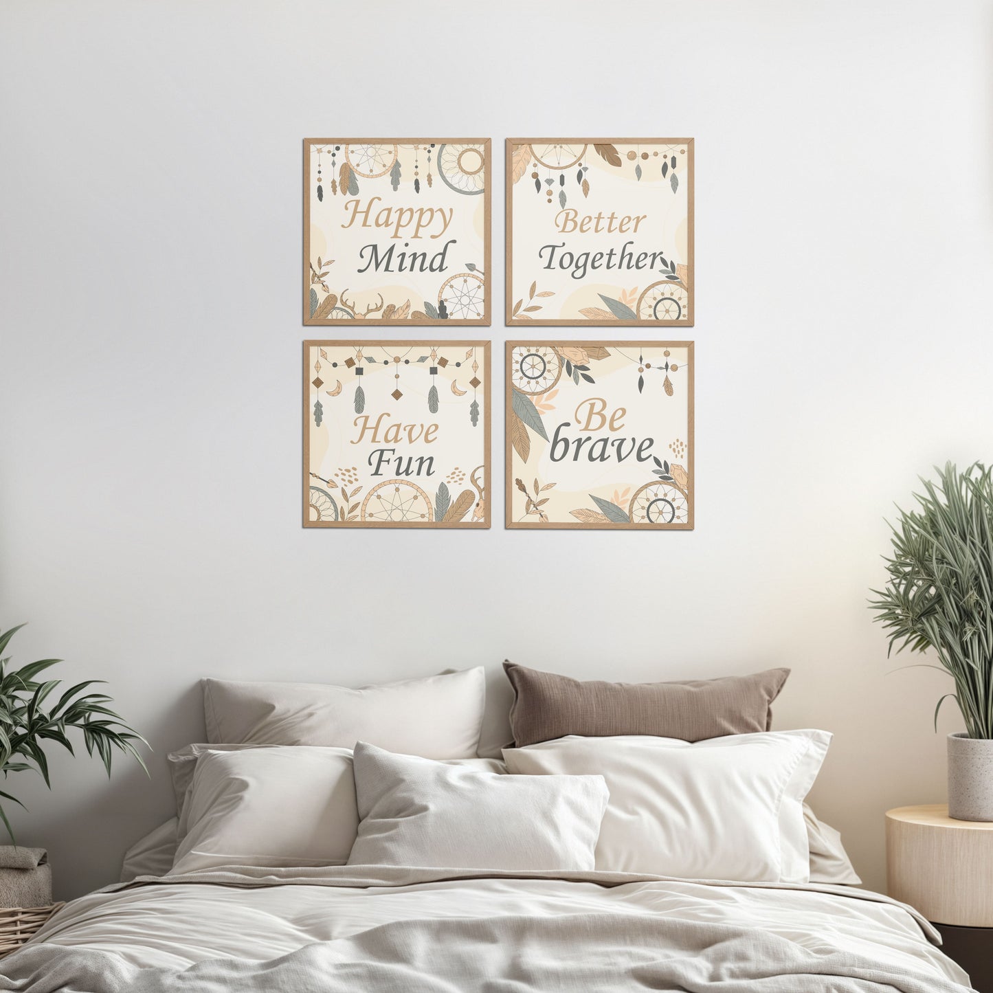 Bed Room Preview of Joyful Living – Motivational Wall Art Set of 4 Frames in Natrual Color Frame