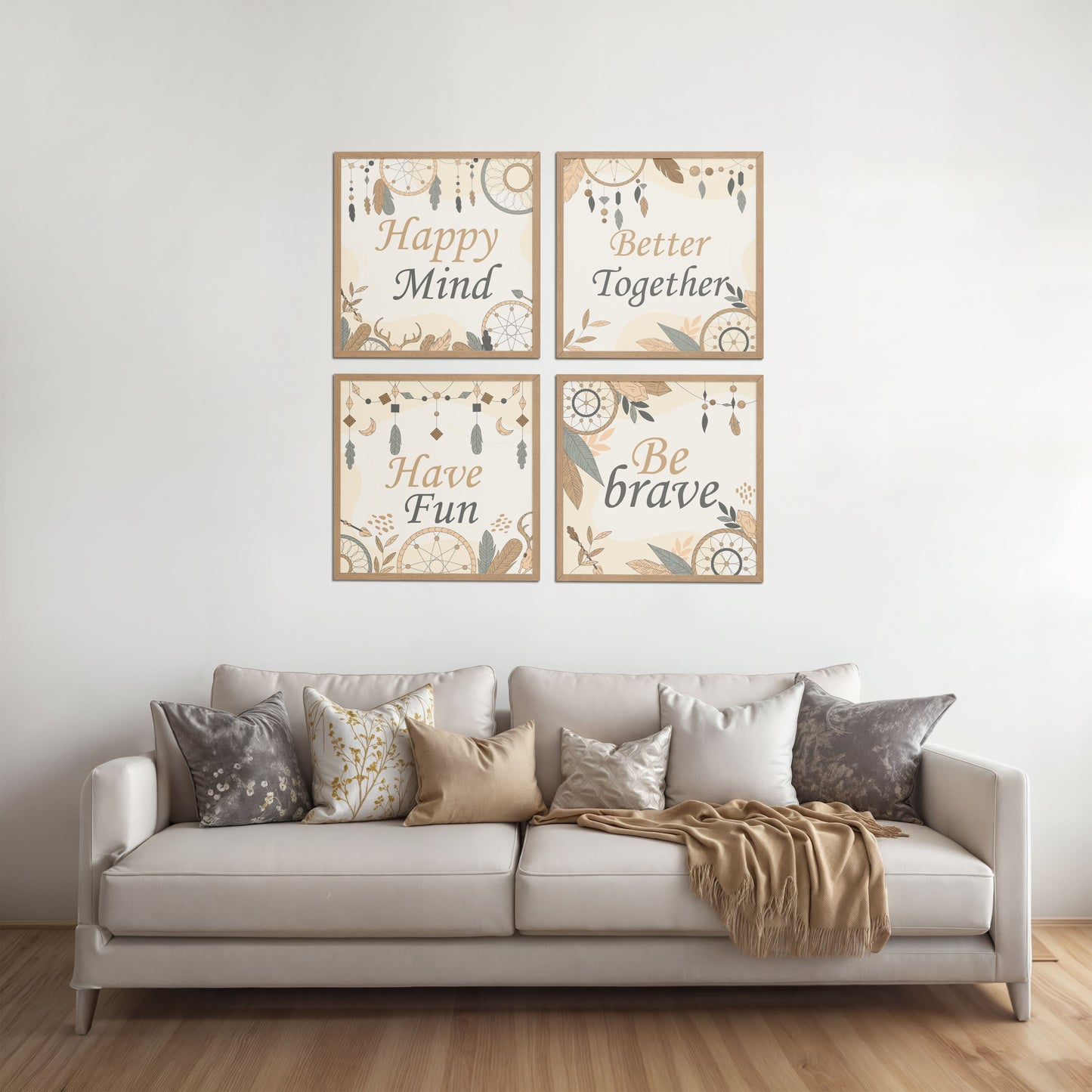Living Room Sofa Preview of Joyful Living – Motivational Wall Art Set of 4 Frames in Natrual Color Frame