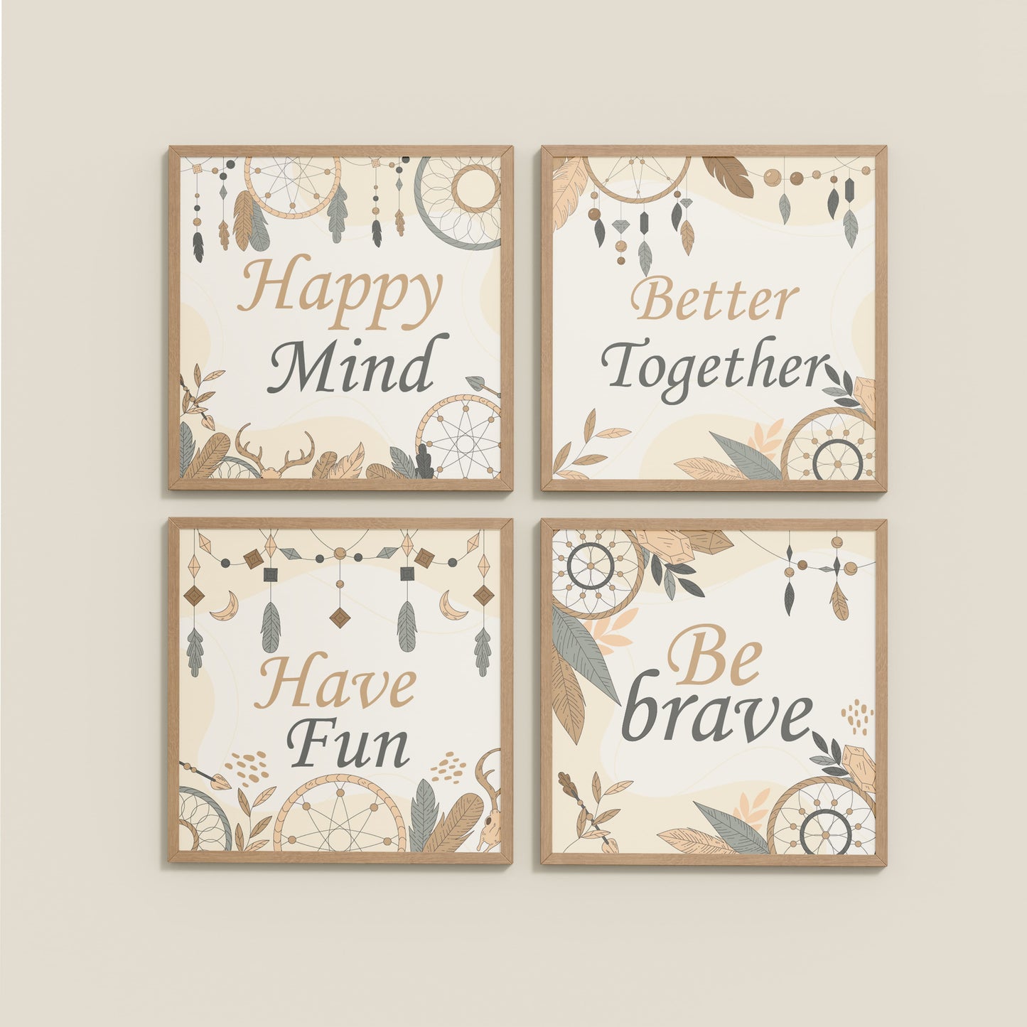 Wall View of Joyful Living – Motivational Wall Art Set of 4 Frames in Natrual Color Frame