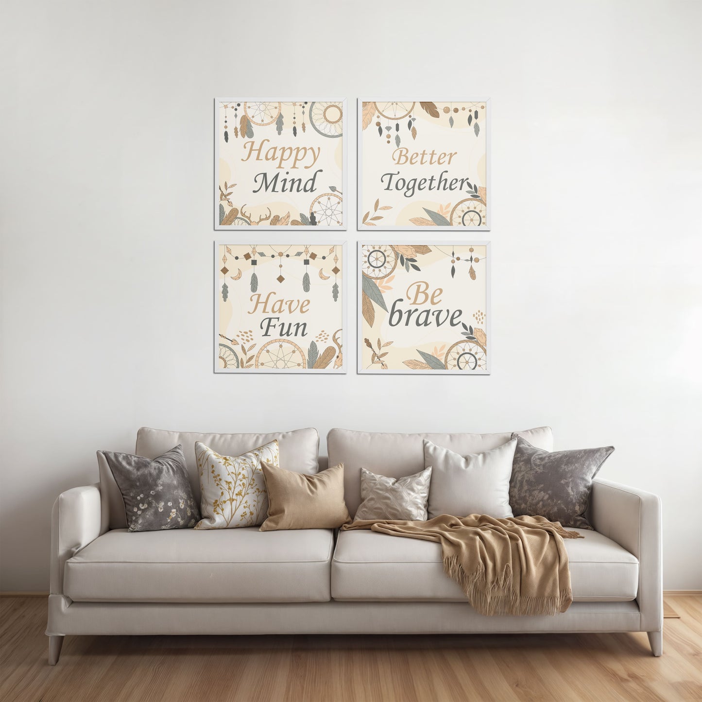 Living Room Sofa Preview of Joyful Living – Motivational Wall Art Set of 4 Frames in White Color Frame