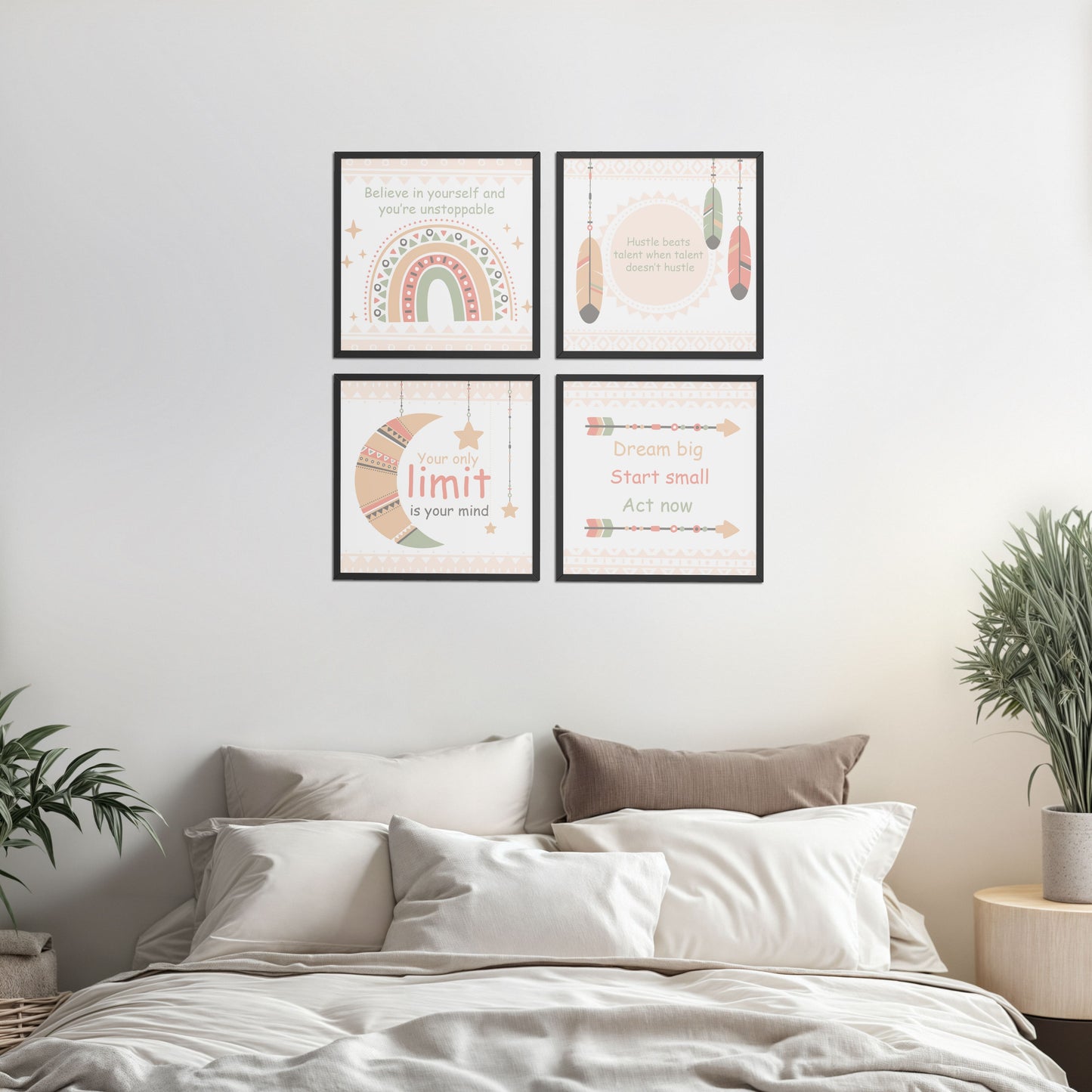 Bed Room Preview of Dream, Hustle, Believe – Inspirational Quote Frame Set of 4 in Black Color Frame