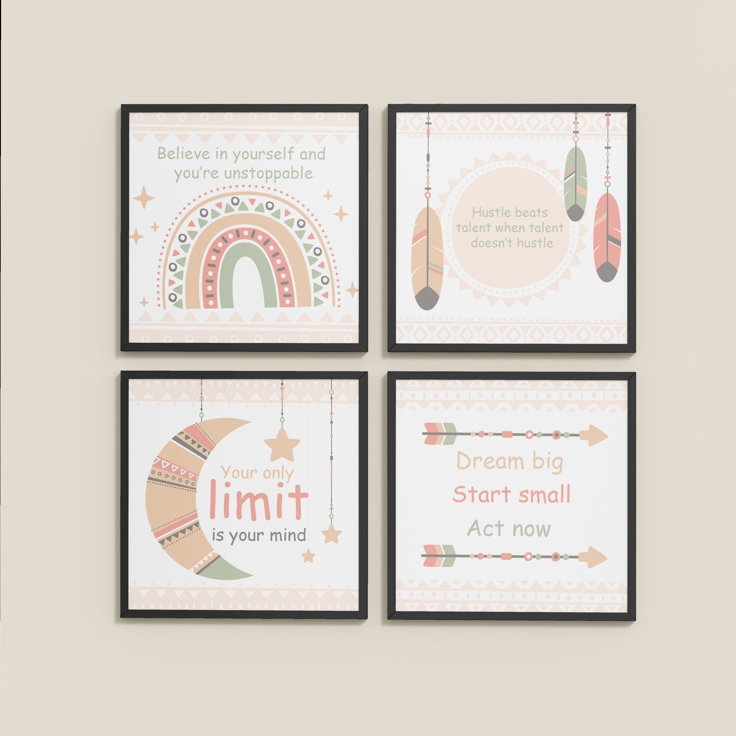Wall View of Dream, Hustle, Believe – Inspirational Quote Frame Set of 4 in Black Color Frame