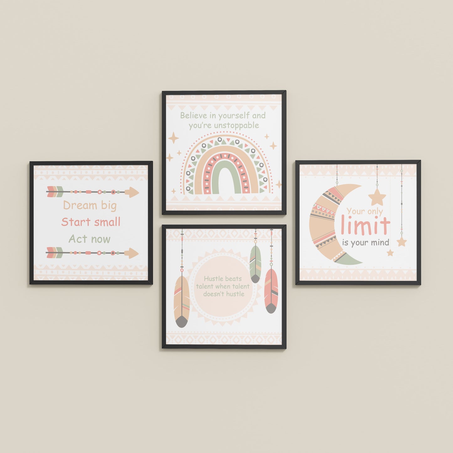 Inclined Floor View of Dream, Hustle, Believe – Inspirational Quote Frame Set of 4 in Black Color Frame