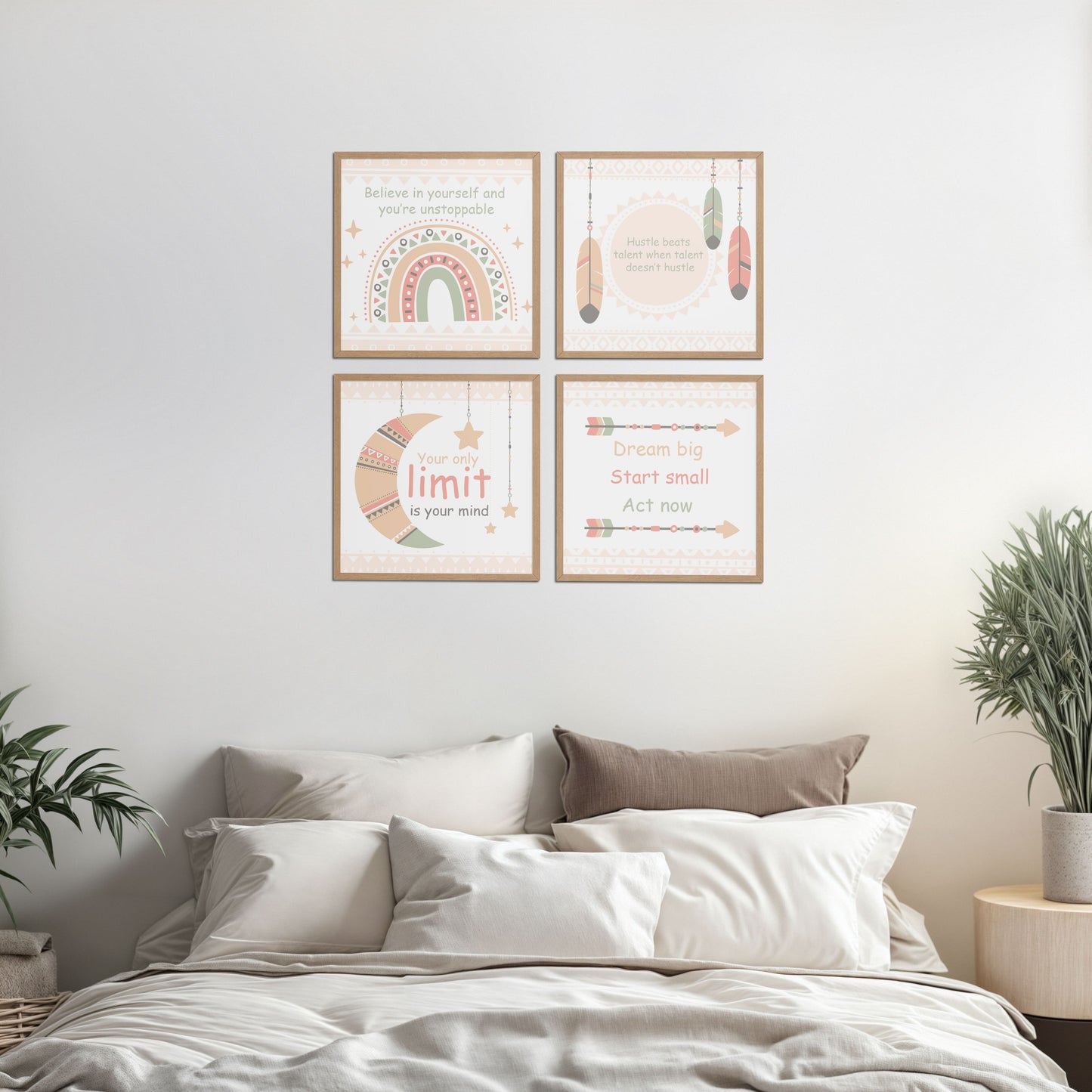 Bed Room Preview of Dream, Hustle, Believe – Inspirational Quote Frame Set of 4 in Natrual Color Frame