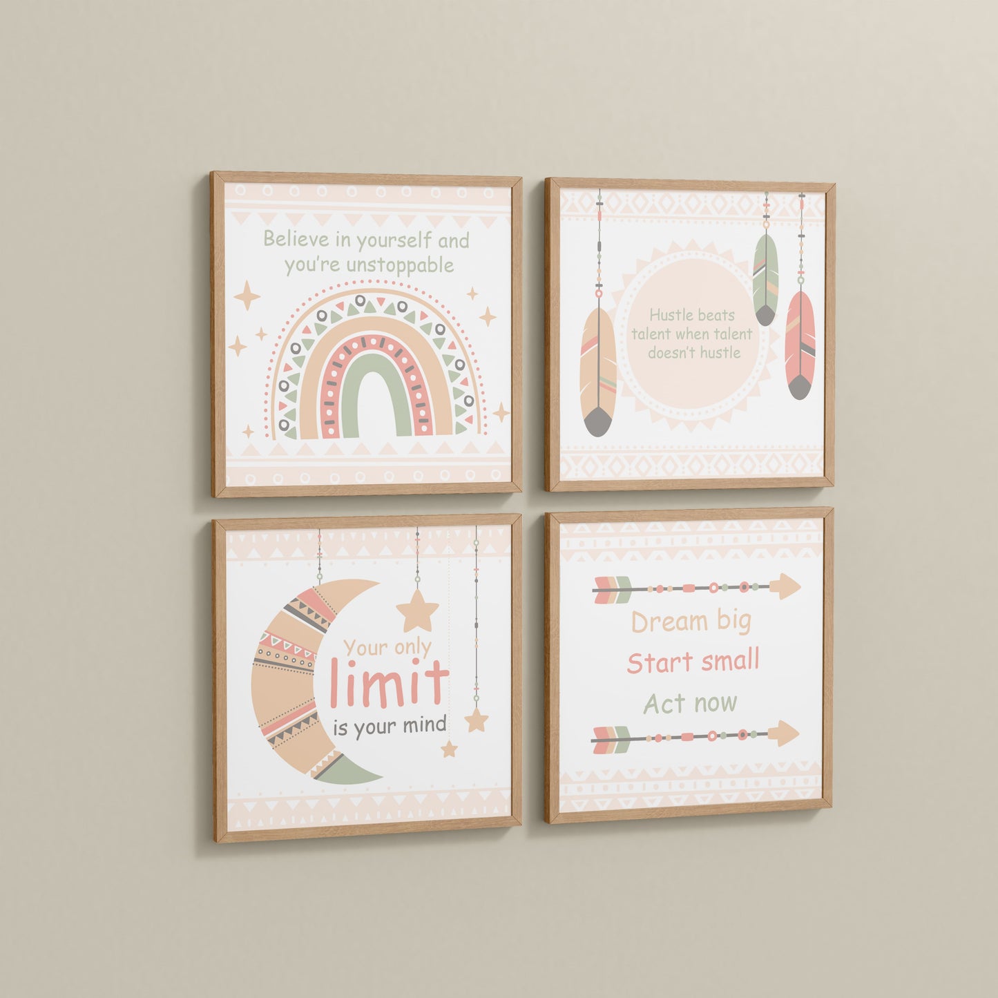 Side View of Dream, Hustle, Believe – Inspirational Quote Frame Set of 4 in Natrual Color Frame