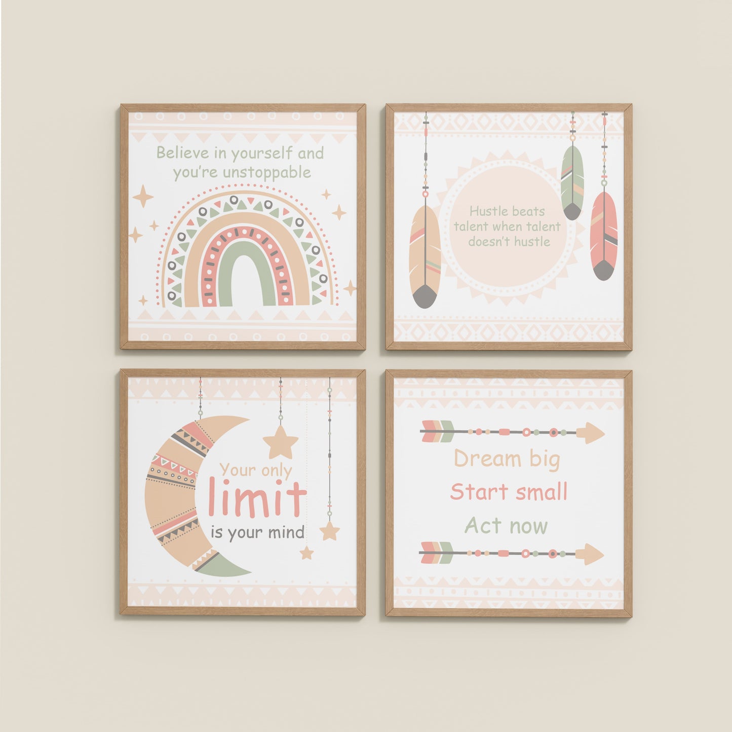 Wall View of Dream, Hustle, Believe – Inspirational Quote Frame Set of 4 in Natrual Color Frame