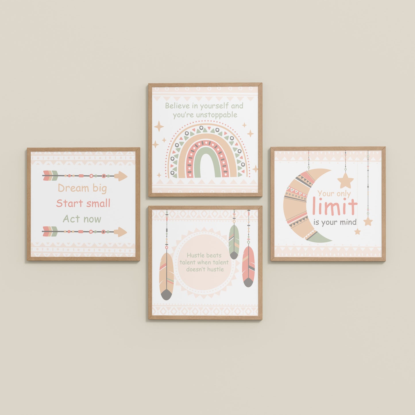 Inclined Floor View of Dream, Hustle, Believe – Inspirational Quote Frame Set of 4 in Natrual Color Frame