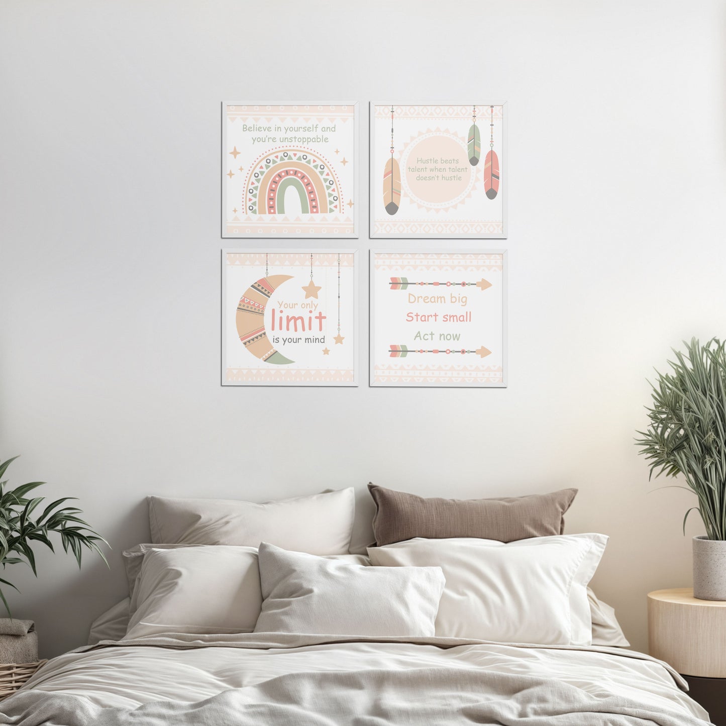 Living Room Sofa Preview of Dream, Hustle, Believe – Inspirational Quote Frame Set of 4 in White Color Frame