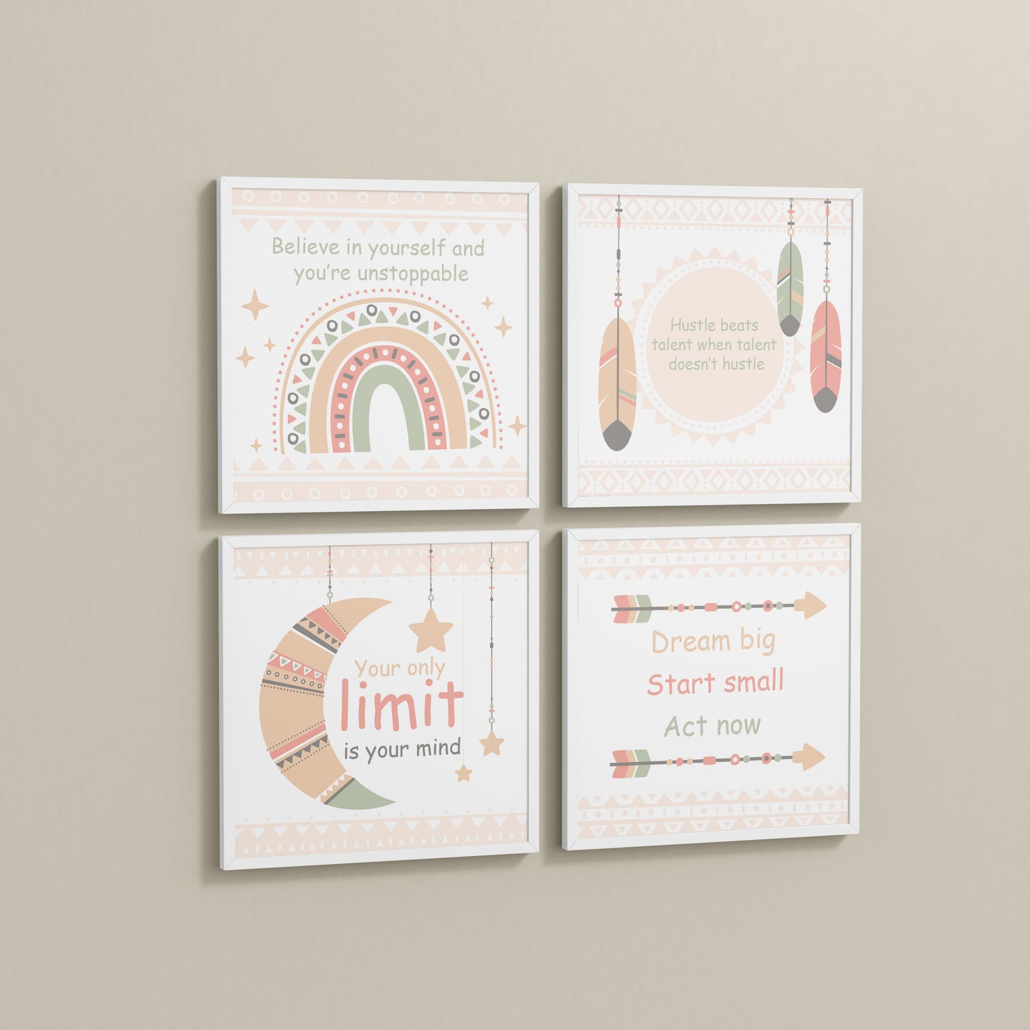 Side View of Dream, Hustle, Believe – Inspirational Quote Frame Set of 4 in White Color Frame