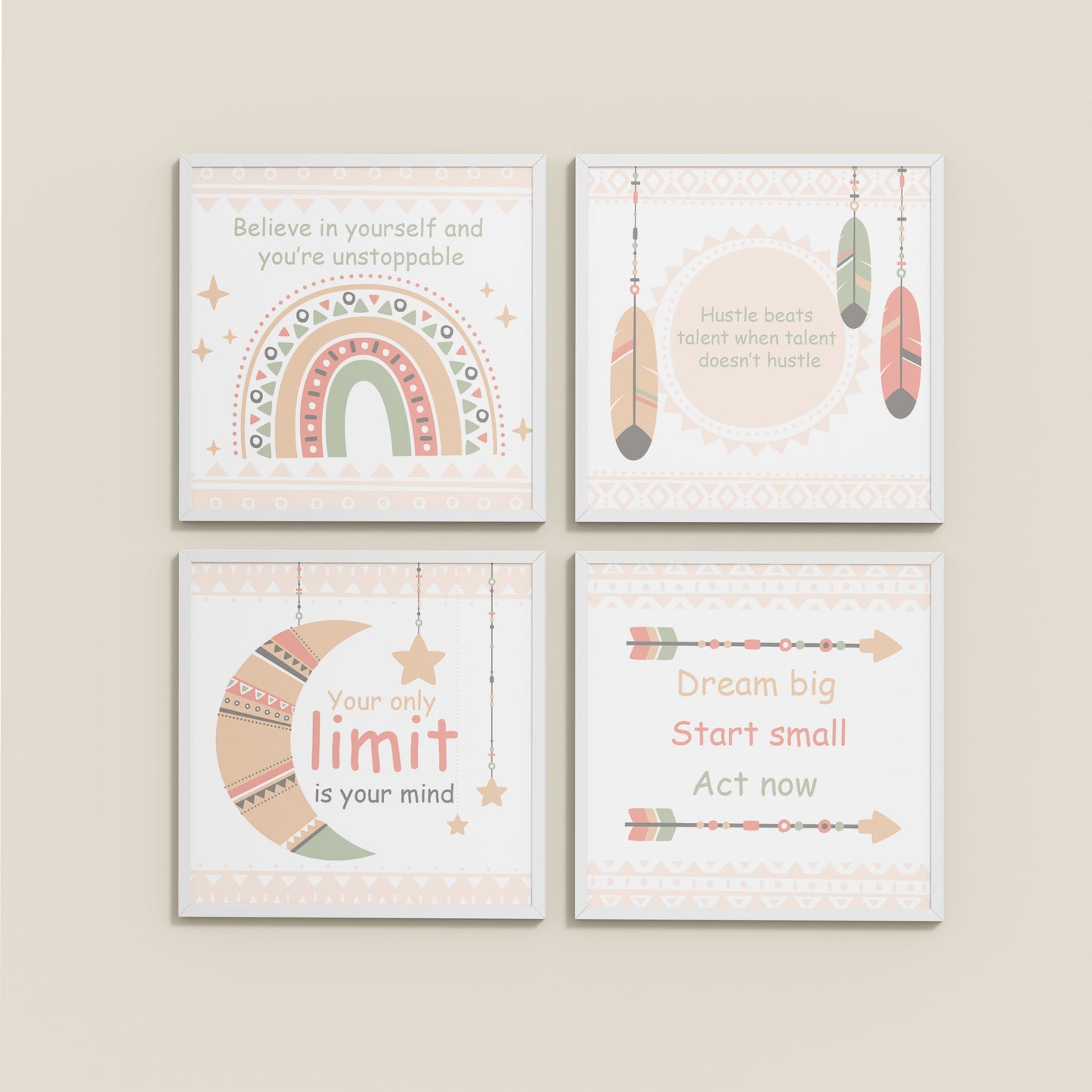 Wall View of Dream, Hustle, Believe – Inspirational Quote Frame Set of 4 in White Color Frame