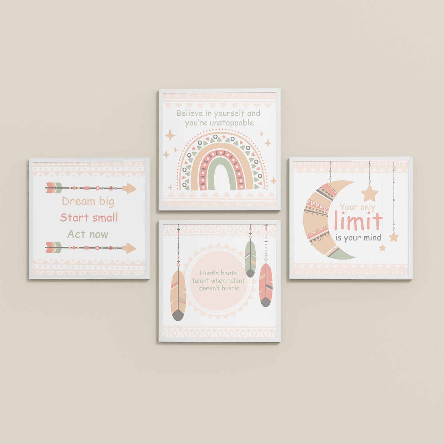 Inclined Floor View of Dream, Hustle, Believe – Inspirational Quote Frame Set of 4 in White Color Frame