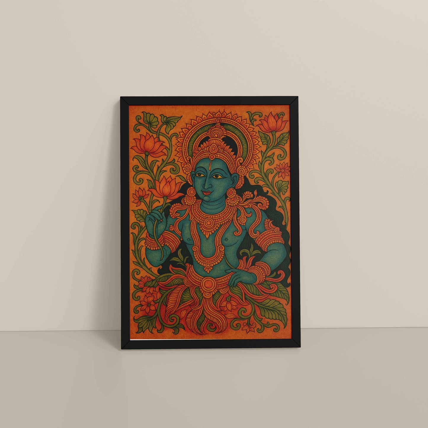 Floor View of Divine Grace: Kerala Mural Art Wall Decor in Black Color Frame