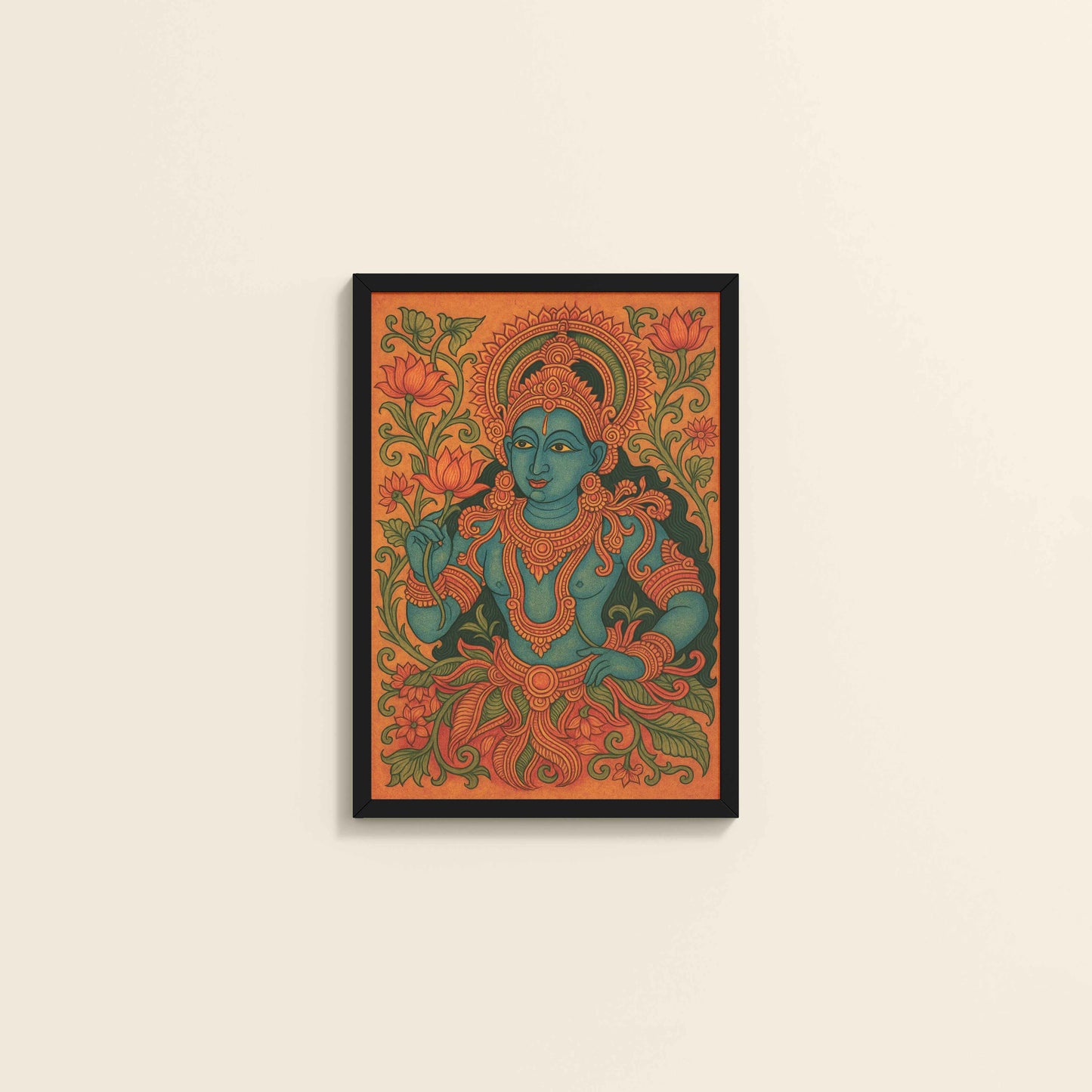 Wall View of Divine Grace: Kerala Mural Art Wall Decor in Black Color Frame