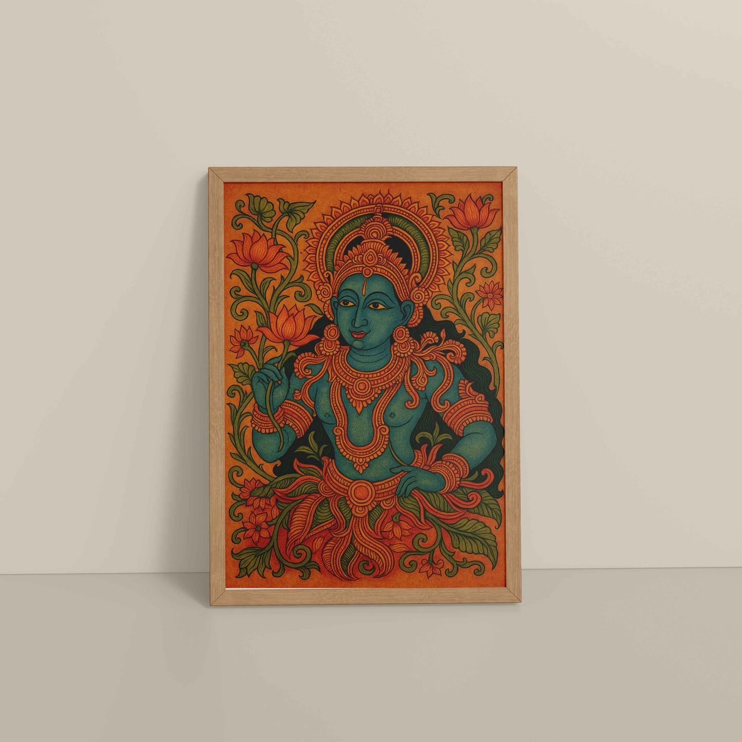 Floor View of Divine Grace: Kerala Mural Art Wall Decor in Natrual Color Frame