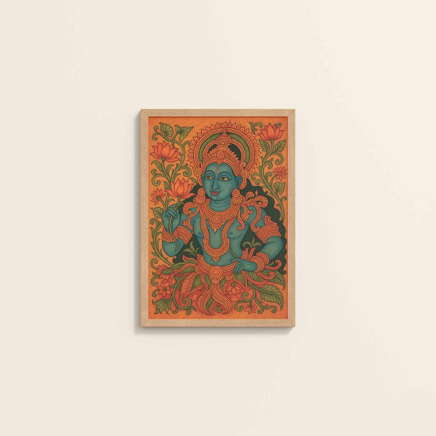 Wall View of Divine Grace: Kerala Mural Art Wall Decor in Natrual Color Frame