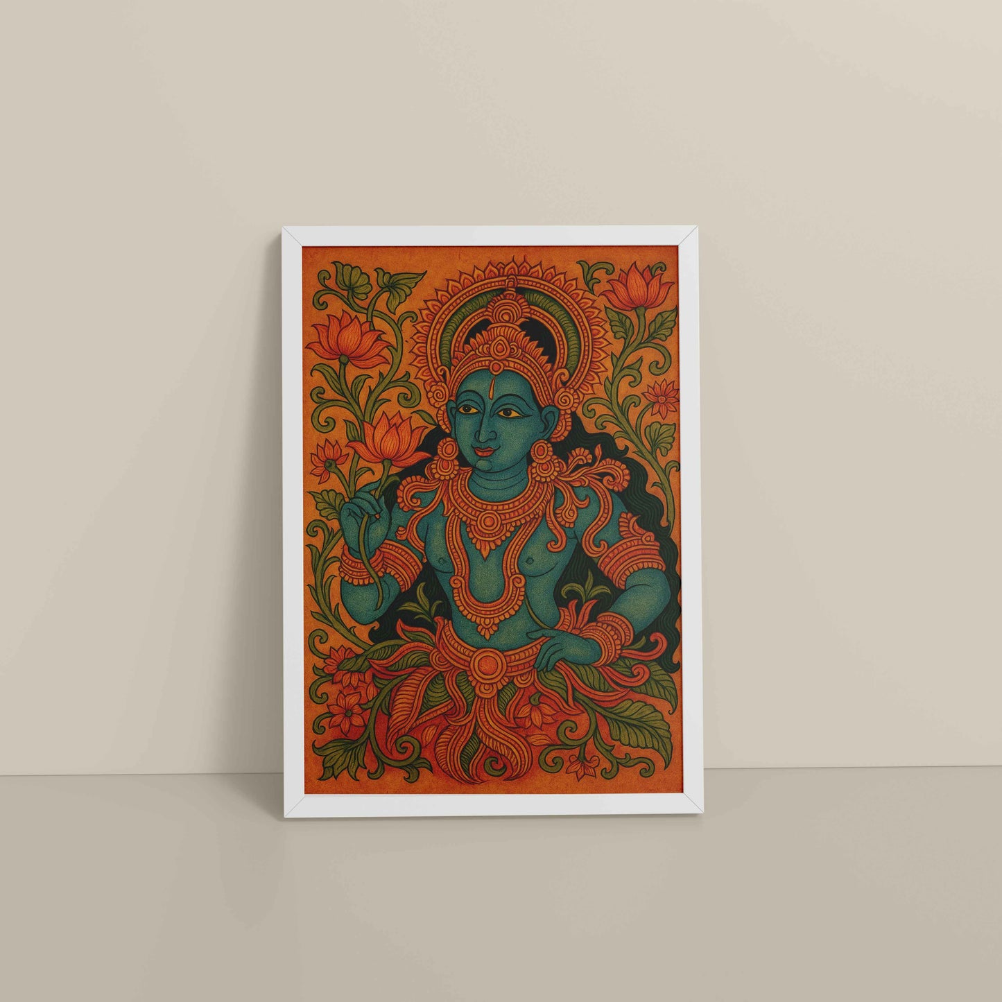 Floor View of Divine Grace: Kerala Mural Art Wall Decor in White Color Frame