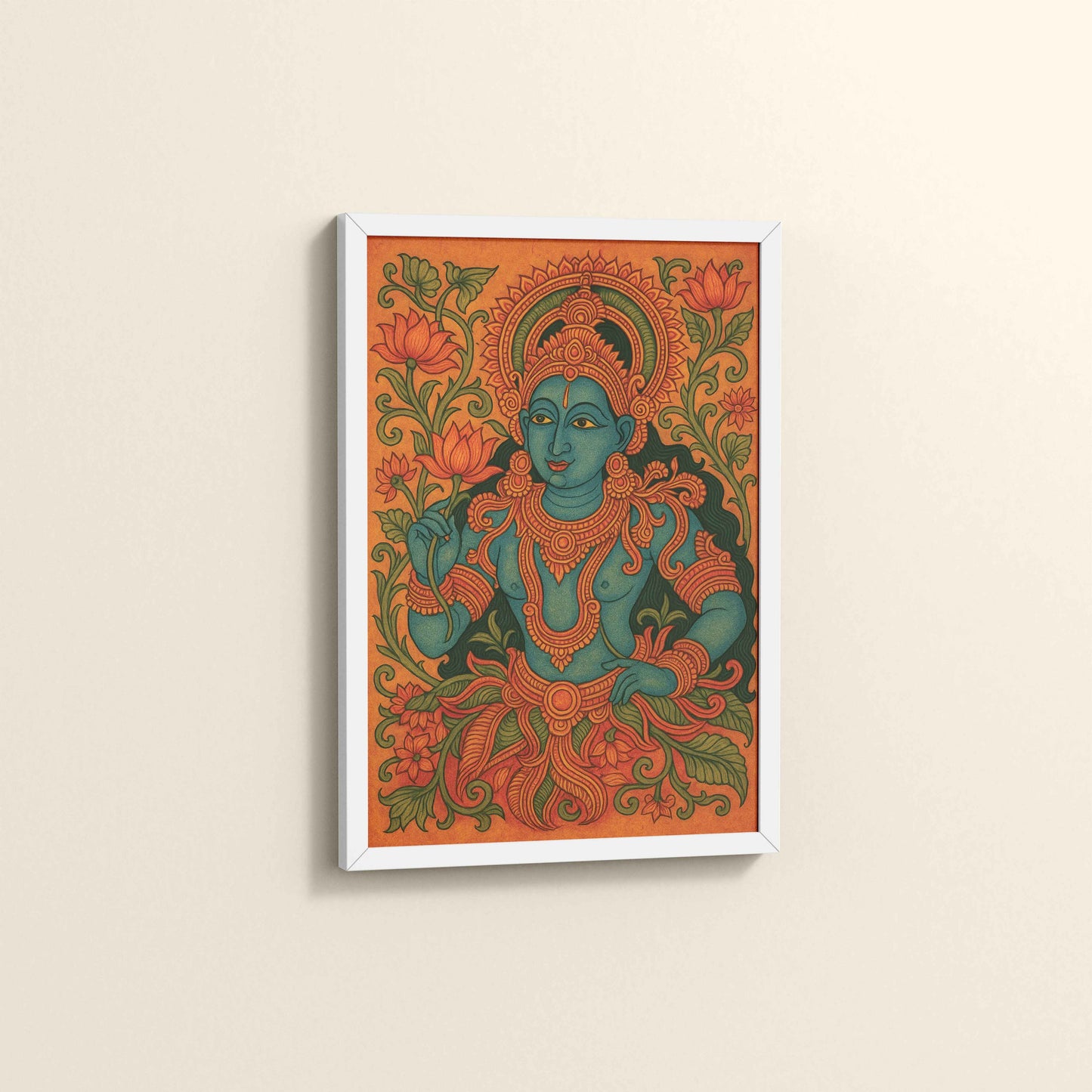 Side View of Divine Grace: Kerala Mural Art Wall Decor in White Color Frame