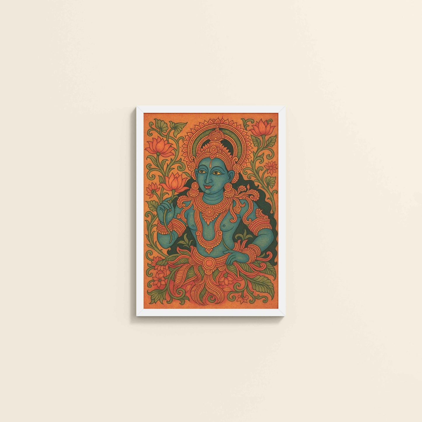 Wall View of Divine Grace: Kerala Mural Art Wall Decor in White Color Frame