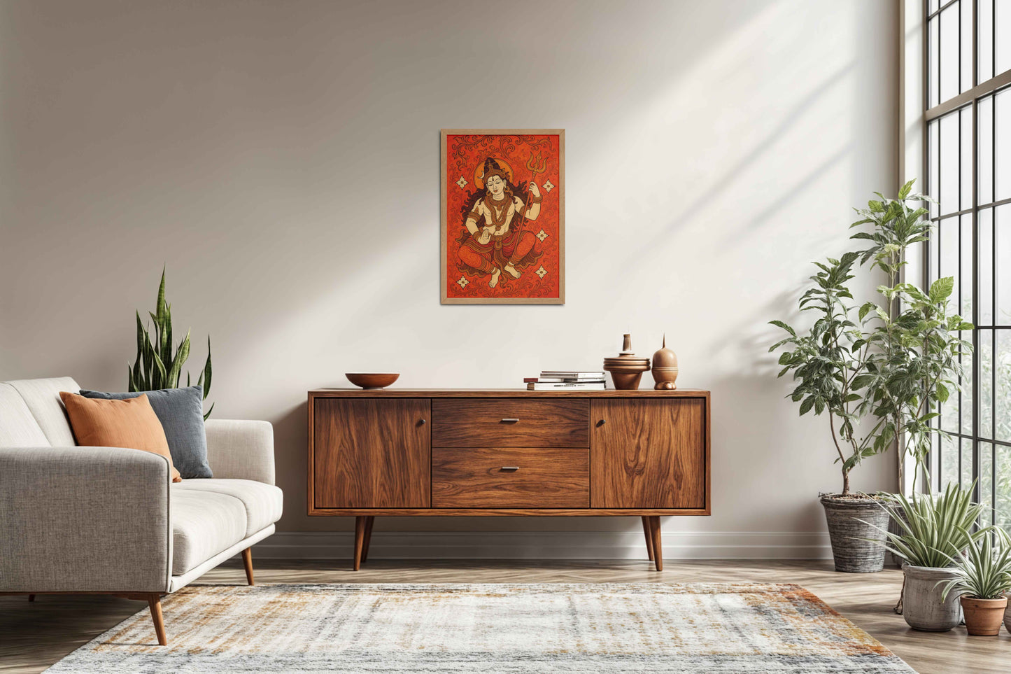 Living Room Sofa Preview of Shiva Shakti – Kerala Mural Art of Lord Shiva in Natrual Color Frame