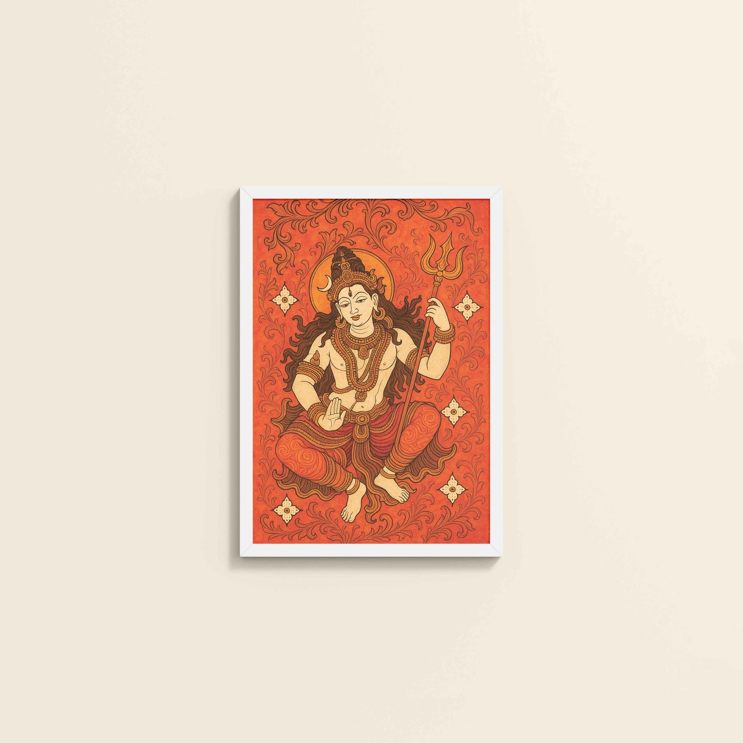 Wall View of Shiva Shakti – Kerala Mural Art of Lord Shiva in White Color Frame