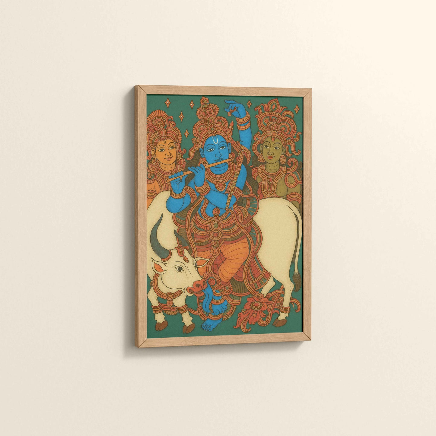 Side View of Divine Protector – Govardhangiri Krishna Mural Painting in Natrual Color Frame