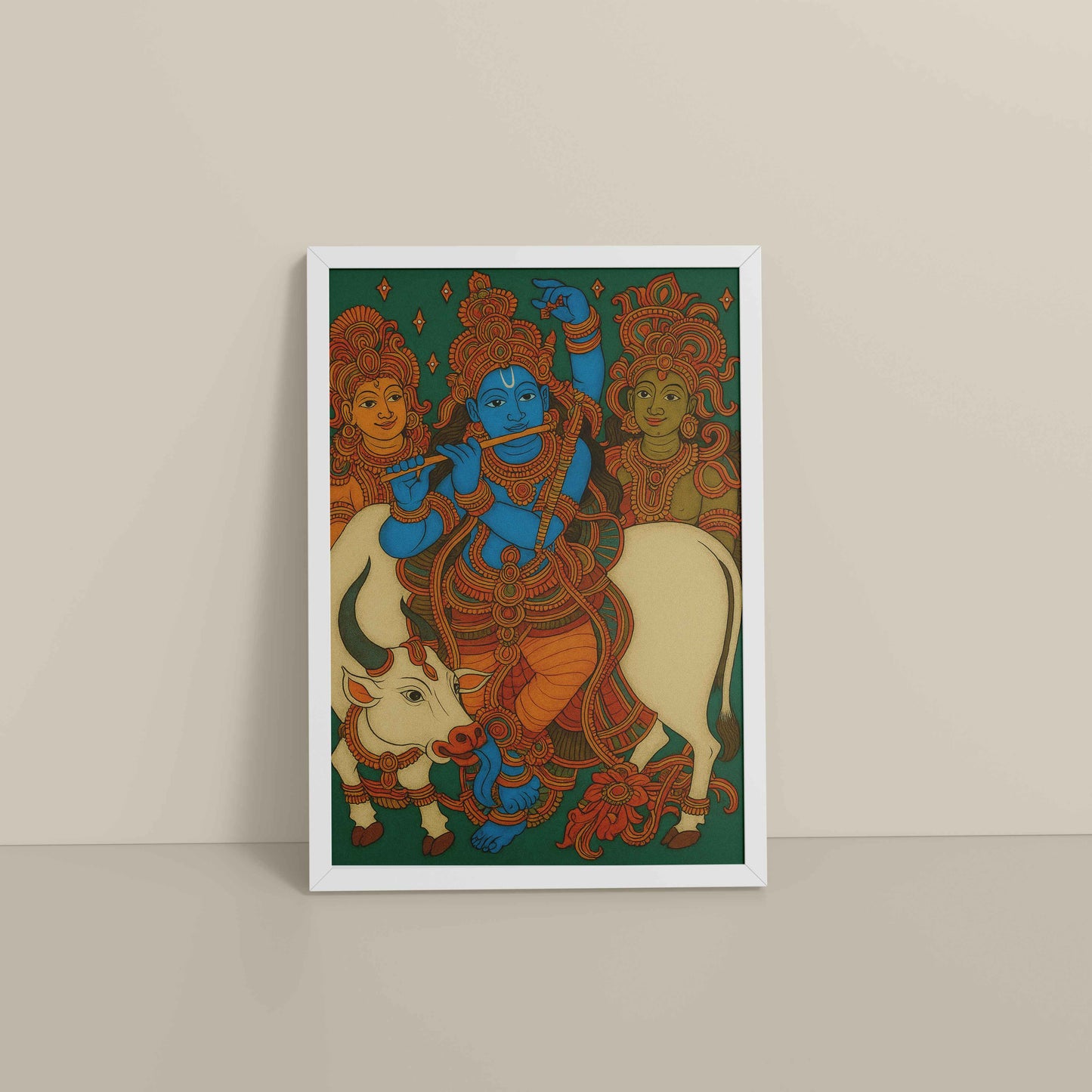 Floor View of Divine Protector – Govardhangiri Krishna Mural Painting in White Color Frame